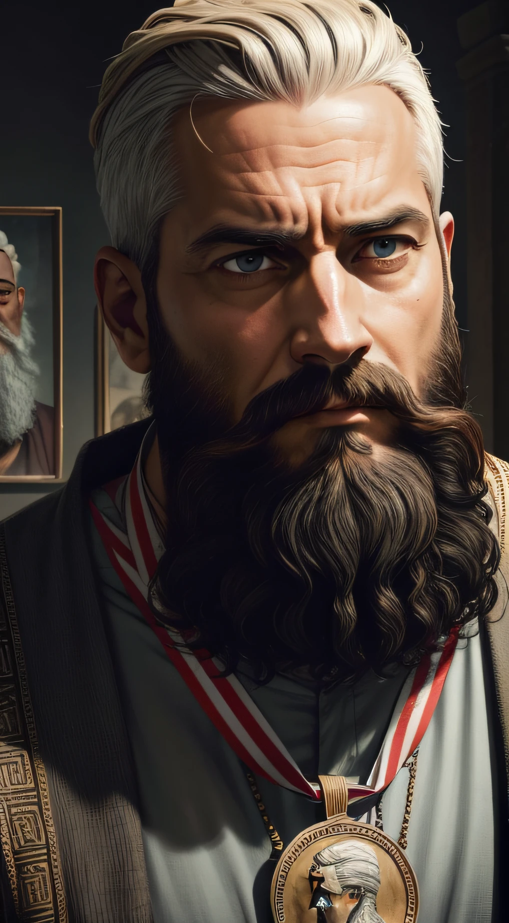 image of a man in front, with beard and a medal, staring, Portrait of hiding pain Harold, inspired by Nicomachus of Thebes, stoic face, Portrait of Merlin, stoic facial expression, Stoicism, inspired by Pietro Testa, maximus jacobs, Portrait Zeus, Man of Ancient Rome, Stoic attitude, Philosopher Musonius Rufus