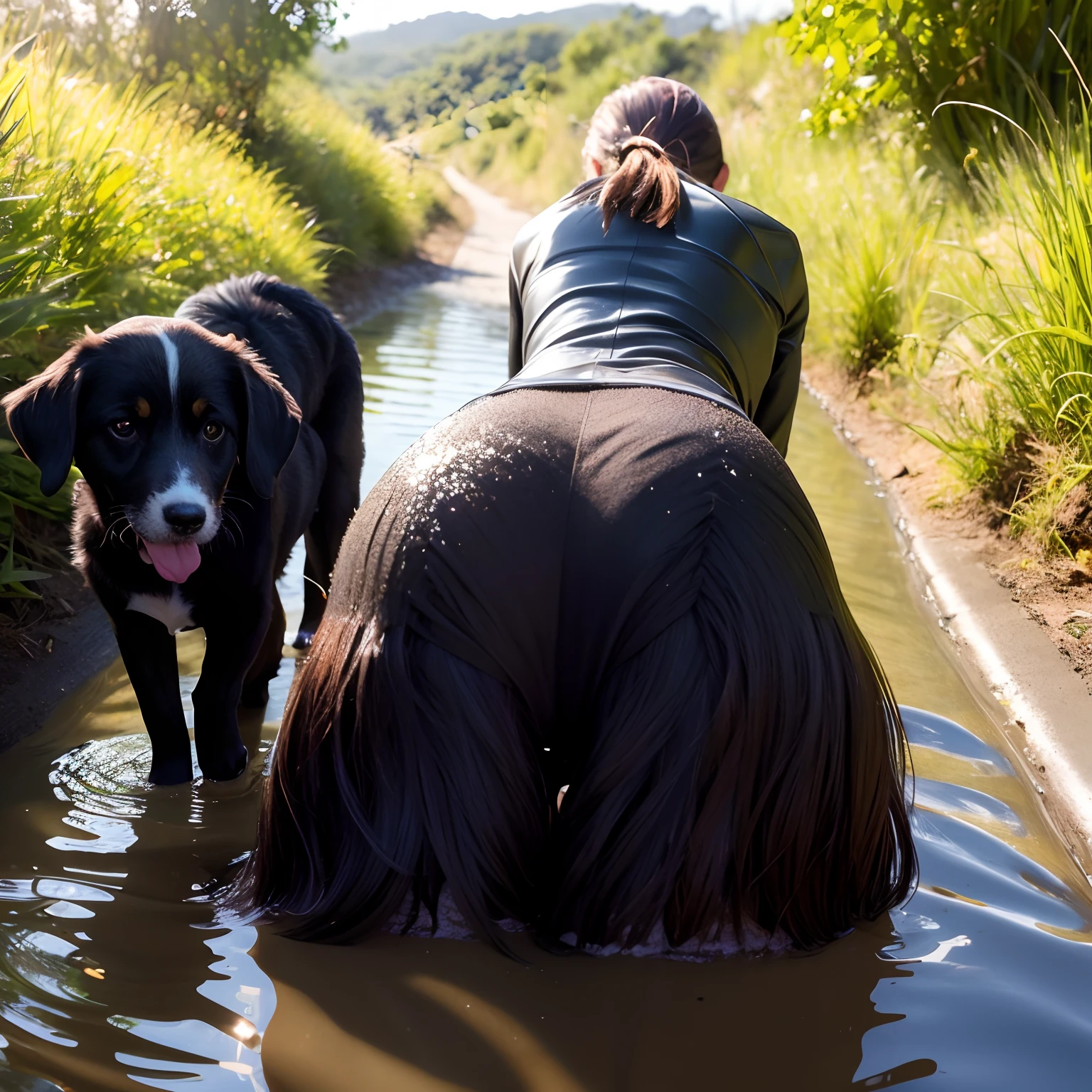There are two dogs walking on a dirt road with a dog in the water, flaques huileuses, Se pencher, front and rear, humide et visqueux, Le, Rear shot, butt, Rear shot, intense sunlight, au soleil, Looking from behind, a little curved, bent over, Le, vaulted, Fait de goo noir lisse, realistic body, hyperrealism