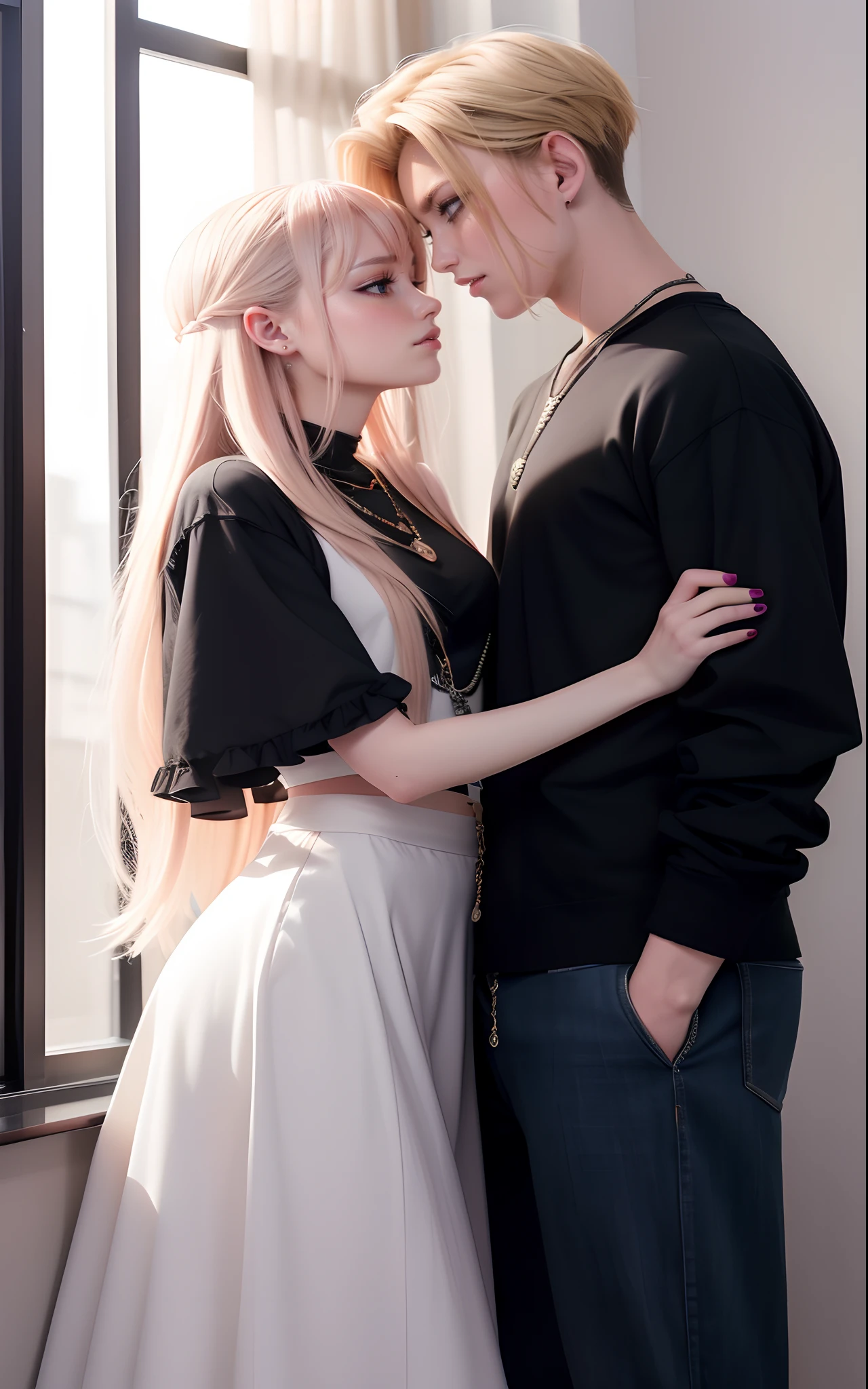 masterpiece, top-quality, 2Others, Male and female couples, 1 man and 1,, Adults, Height difference, different fashion, different color, finely eye and detailed face, intricate detailes, Casual clothing, Oversized shirt, Modern urban streets, Hands on back, A smile, Happiness, tenderness, high-level image quality、 Beautiful men and women、tall、hug from behind、Trying to kiss、Kissing each other, window、nightfall、nighttime scene、𝓡𝓸𝓶𝓪𝓷𝓽𝓲𝓬、Korean Male, Idol Photos, k pop, Professional Photos, Vampires, Korean fashion in black and white, Fedoman with necklace, inspired by Sim Sa-jeong, androgynous vampire, :9 detailed face: 8, extra detailed face, detailed punk hair, ((asa)) baggy eyes, Seductive. Highly detailed, semi realistic anime, Vampires, hyperrealistic , delicate androgynous prince, imvu, short hair above the ears, Man with short hair, Woman with long hair, With a man with a glaring expression, Woman with a gentle expression, With a blonde short-haired man, Woman with pretty long pink hair and light blue eyes
