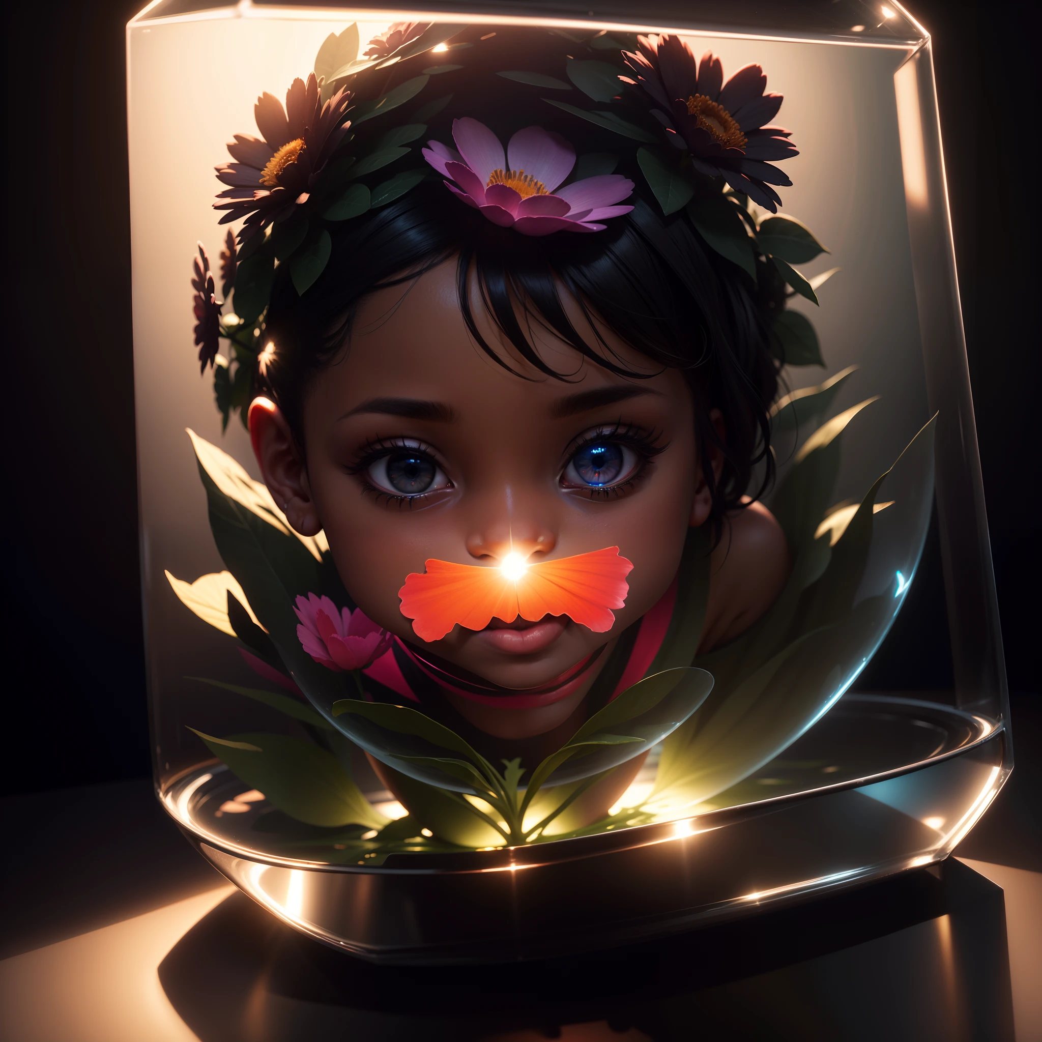 Black baby playing in a flower designed glass cube, minimal sunlight piercing through to give a vibrant and colourful image, photorealistic image, 12k, ultra HD, unreal engine rendered, cinematic lighting, artgerm style,