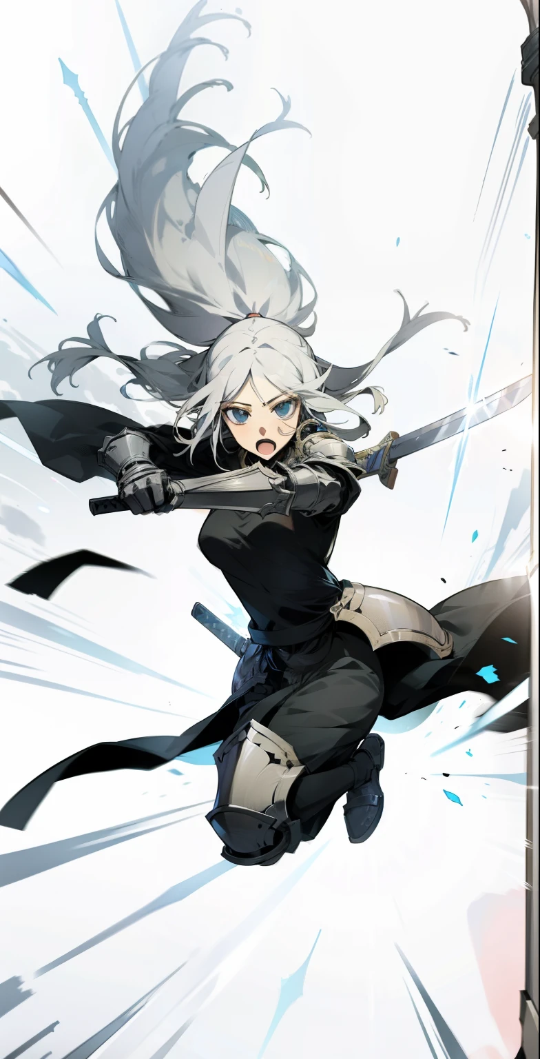 Girl with an armor on her body and a sword in her hands running fast, Manga effects