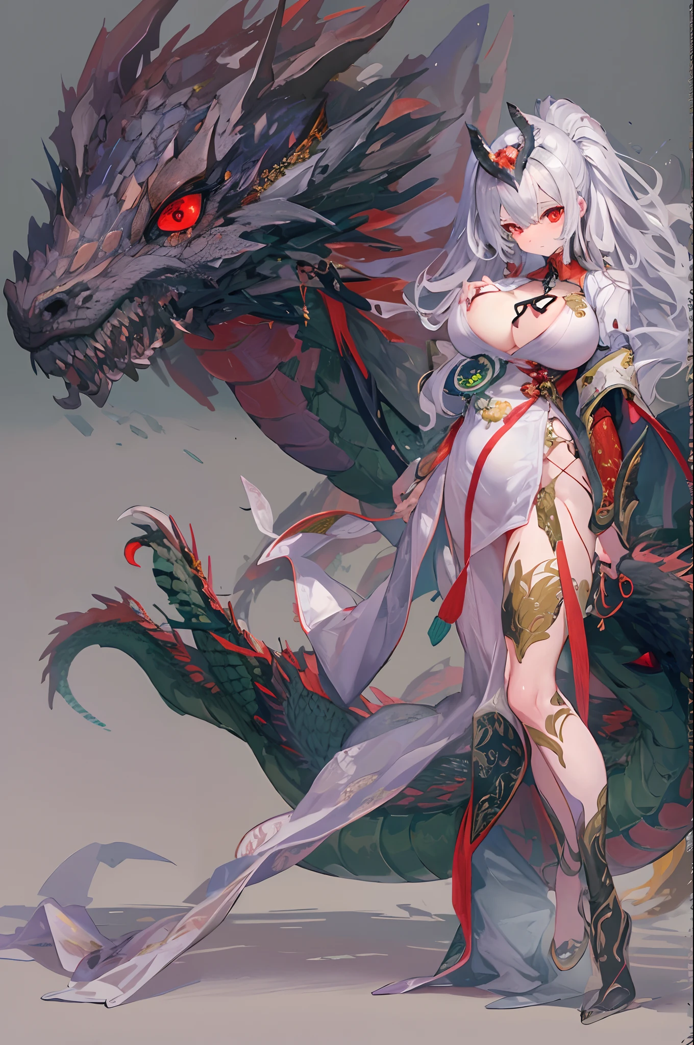 anthro, duo, werna, male/female, white body, ((male red dragon)), female penetrated, female on top, hi res, detailed background, black sclera, deep penetration, cum inside, big red in , ((photorealism)), by pino daeni, by hioshiru, masterpiece, digital painting, vibrant, gloomy, dynamic light, breasts