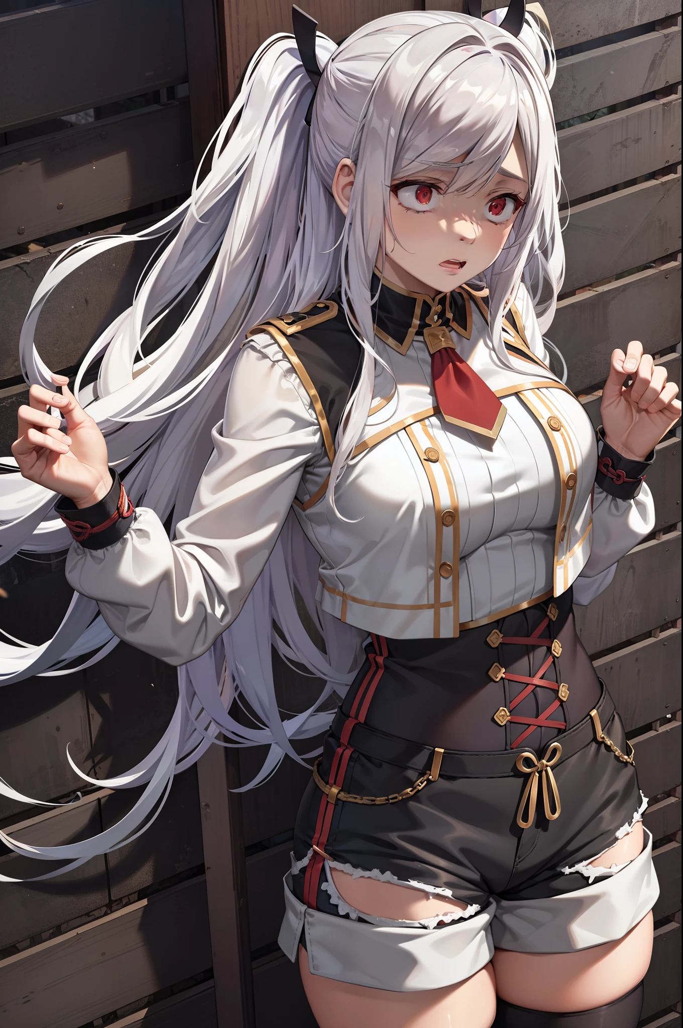 tied up,bondage,scared expression,white hair,red eyes,shorts,top-tank