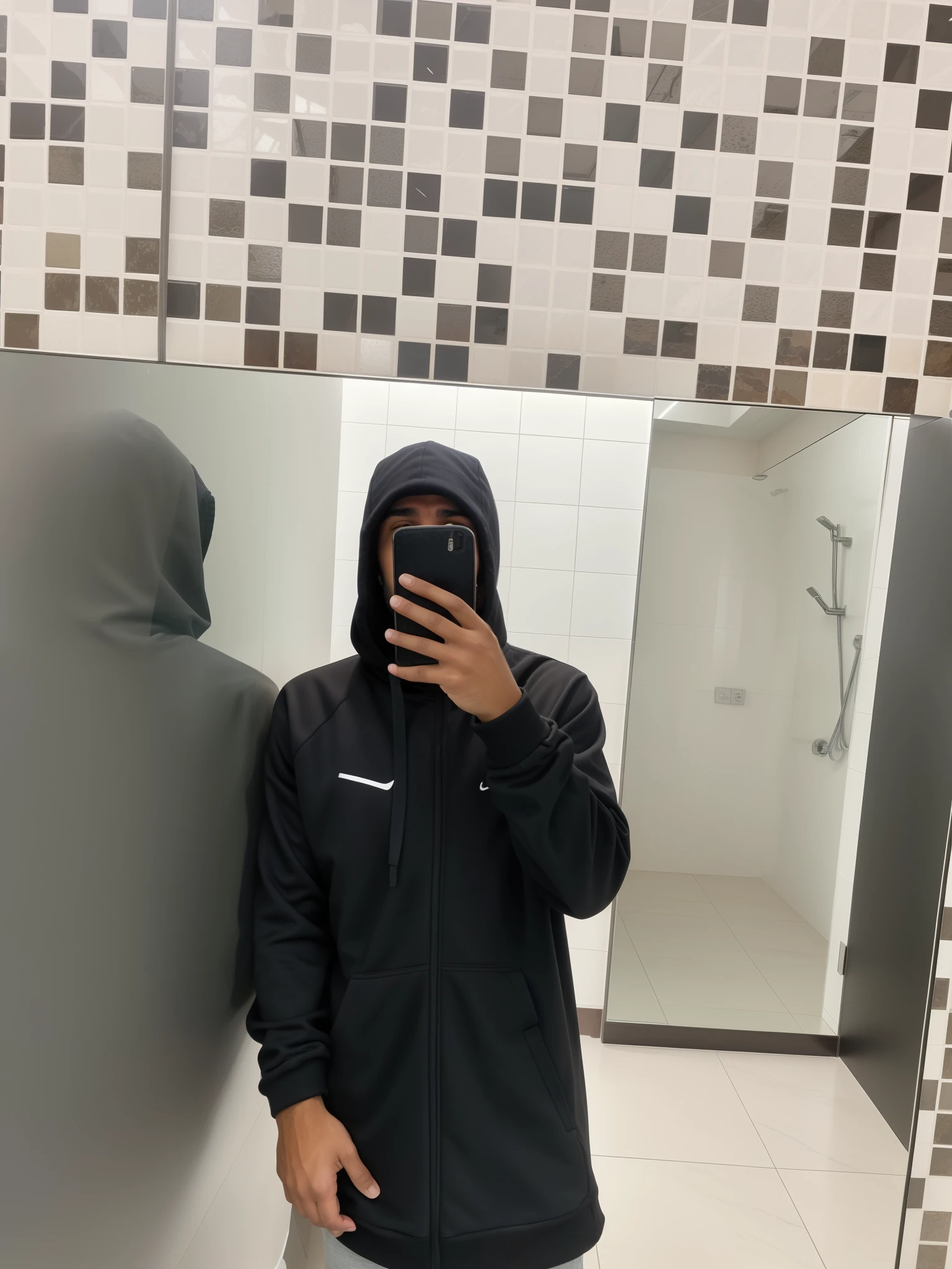 there is a man taking a selfie in a mirror, usando um capuz escuro, wearing a tracksuit, no banheiro, usando um capuz preto, em um moletom preto, imagem de qualidade muito baixa, em um banheiro, usando um capuz, Capuz Preto, foto de perfil 1024px, usando um capuz, usando capuz, capuz cobre os olhos