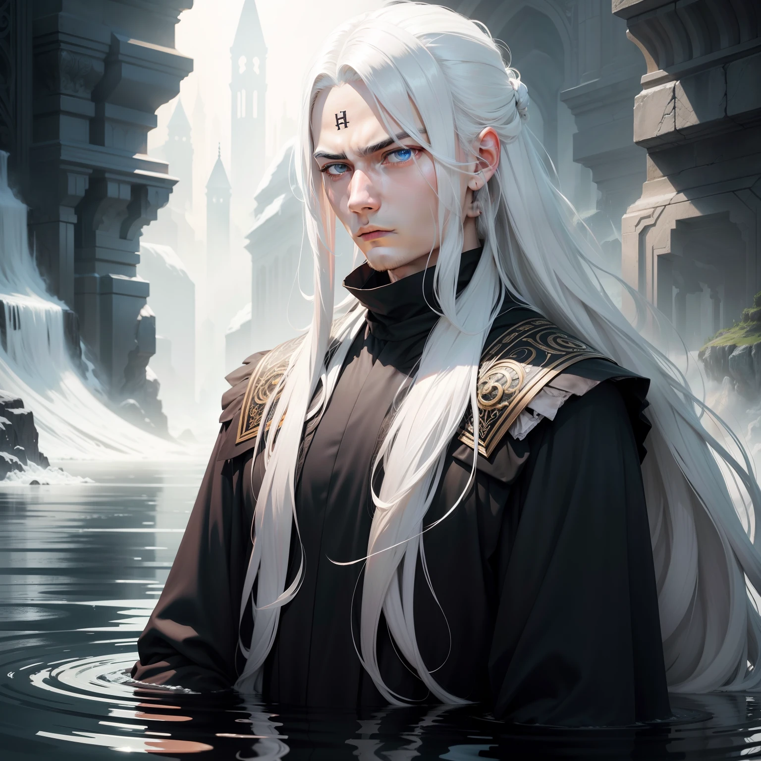 Flood World，fantasy，Young handsome，long  white hair，black toga，Looking directly at，Cold eyes，Keep an eye on the world，