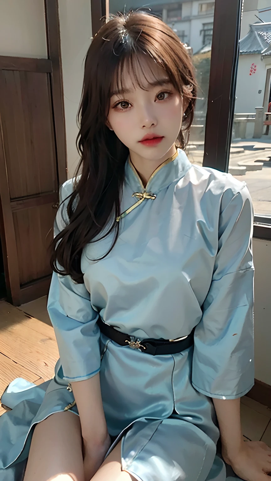 beautiful a girl、high-level image quality、Like a shot with an SLR、Sensual body、chinese clothes、Make a slit in the clothes on the thigh、Painting a work of art depicting a woman in a traditional cheongsam