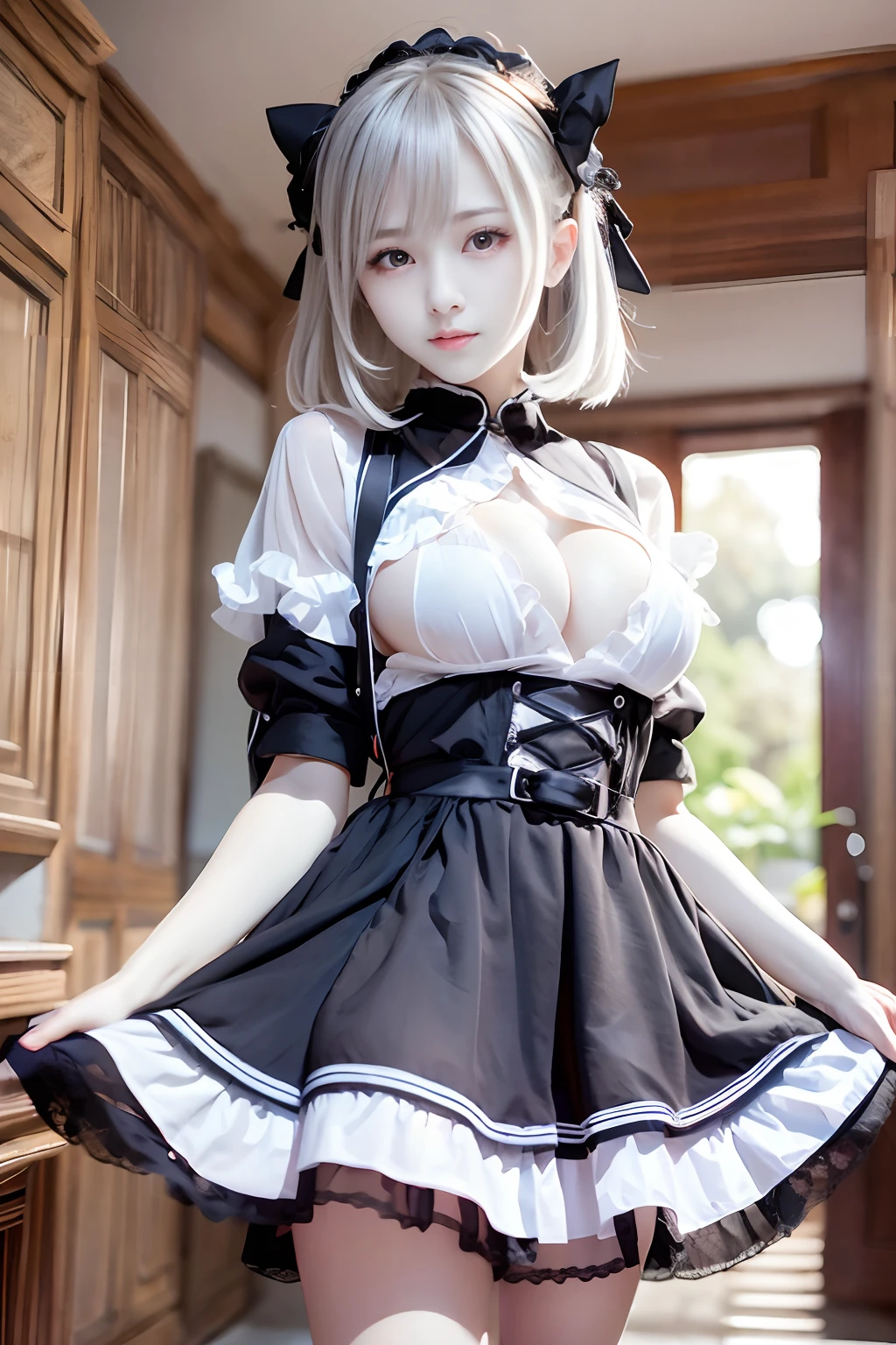 ​masterpiece、top-quality、hight resolution、extremely detailed photo、profetional lighting、A sexy maid、doress、Lori in a dress、gorgeous maid、maid clothes、maid dress、Maid in uniform、Girl in maid clothes、white  hair、Black ruffled dress