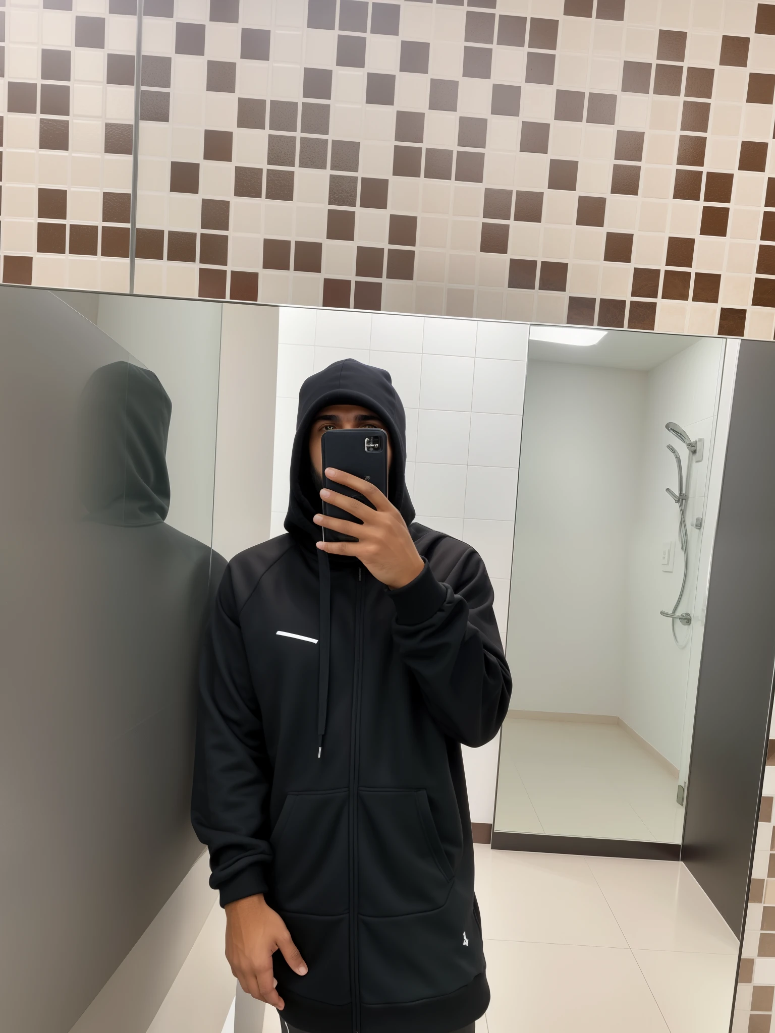 there is a man taking a selfie in a mirror, usando um capuz escuro, wearing a tracksuit, no banheiro, usando um capuz preto, em um moletom preto, imagem de qualidade muito baixa, em um banheiro, usando um capuz, Capuz Preto, foto de perfil 1024px, usando um capuz, usando capuz, capuz cobre os olhos