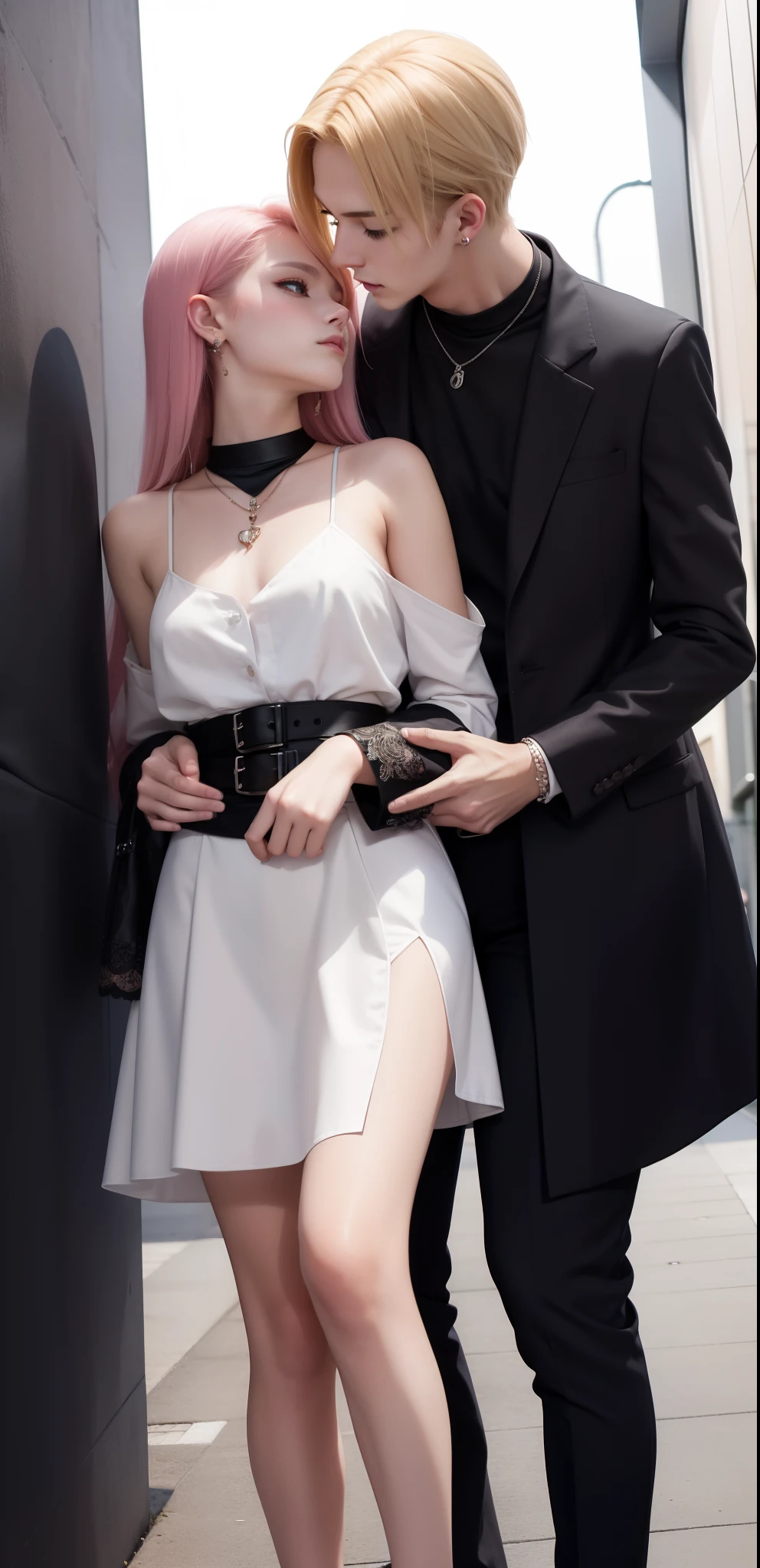 masterpiece, top-quality, 2Others, Male and female couples, 1 man and 1,, Adults, Height difference, different fashion, different color, finely eye and detailed face, intricate detailes, Casual clothing, Oversized shirt, Modern urban streets, Hands on back, A smile, Happiness, tenderness, high-level image quality、 Beautiful men and women、tall、hug from behind、Trying to kiss、Kissing each other, window、nightfall、nighttime scene、𝓡𝓸𝓶𝓪𝓷𝓽𝓲𝓬、Korean Male, Idol Photos, k pop, Professional Photos, Vampires, Korean fashion in black and white, Fedoman with necklace, inspired by Sim Sa-jeong, androgynous vampire, :9 detailed face: 8, extra detailed face, detailed punk hair, ((asa)) baggy eyes, Seductive. Highly detailed, semi realistic anime, Vampires, hyperrealistic , delicate androgynous prince, imvu, short hair above the ears, Man with short hair, Woman with long hair, With a man with a glaring expression, Woman with a gentle expression, With a man with blond short hair and light blue eyes, Woman with pretty long pink hair and light blue eyes