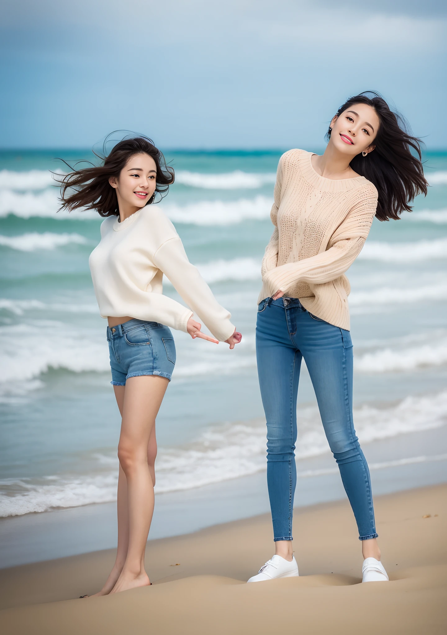 Woman in jeans on the beach，Practice yoga movements（graceful movements），Full body shooting:1.8（RAW photogr，超高分辨率，8K,HD,tmasterpiece，best qualtiy），Complicated details， 20 years old Asian woman，Women wearing smoked gray cropped anxiety tight sweater（Slim fit，Fit snugly to the body）and trendy jeans with open navels，Realistic and detailed costumes，Detailed beach，A sweet smile appeared on the little face，The face is white and tender，skin lightening，Ultra-realistic facial details，Beautiful accessories，White skin and beautiful appearance，The skin is as fat as jade，The face is delicate and watery，Playful and coquettish pose，The calves are straight and slender:1.5，Wear high-end branded travel shoes:1.5，eventide，warm color，Broad lighting，naturalshadow，taking a full body photo:1.8