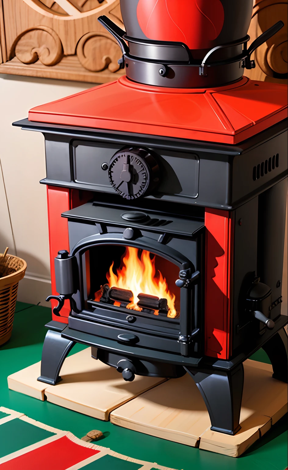 Wood burning stove with a small Colombian flag in the left corner, written stove paisa 0mib