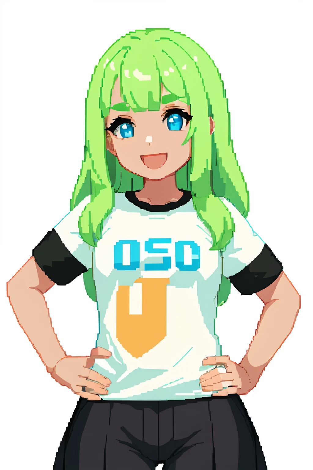obra-prima, alta qualidade, melhor qualidade, bonito, hd, perfect  lighting, rosto detalhado, corpo detalhado, 1 , solo, pixel, (cabelo longo escuro), (olhos pretos), seios grandes, meio gordinha, ((camiseta preta)), pose sexy, rosto sexy, sorriso, fundo de um quarto