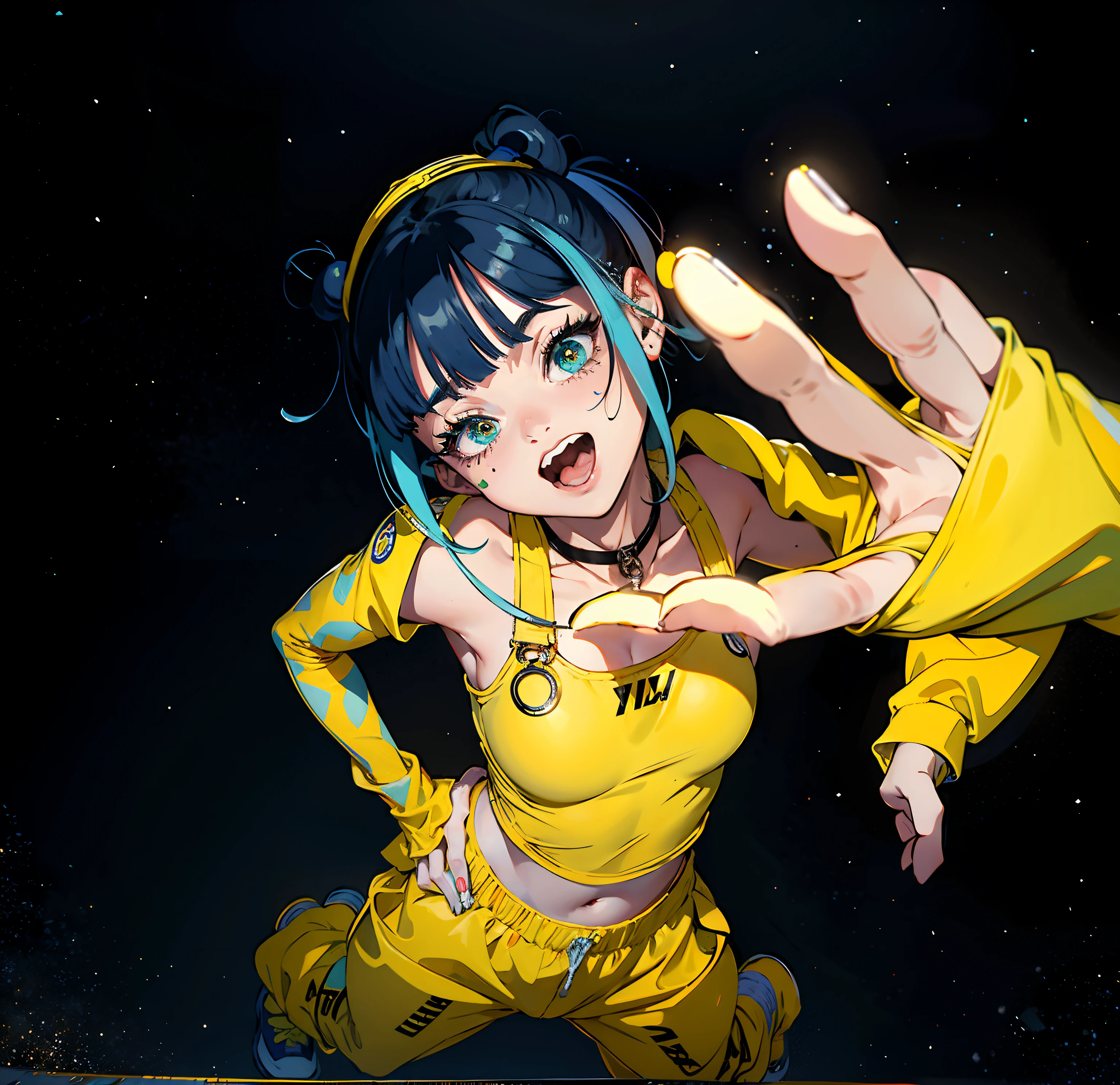 A woman in yellow holds a Wii controller, bella poarch, with index finger, with yellow cloths, overlord billie eilish, Wearing an atom punk jumpsuit, bold rave outfit, It looks like grimaces are mixed, she looks like a mix of grimes, Billie Eilish, hime-cut, y 2 k cutecore clowncore