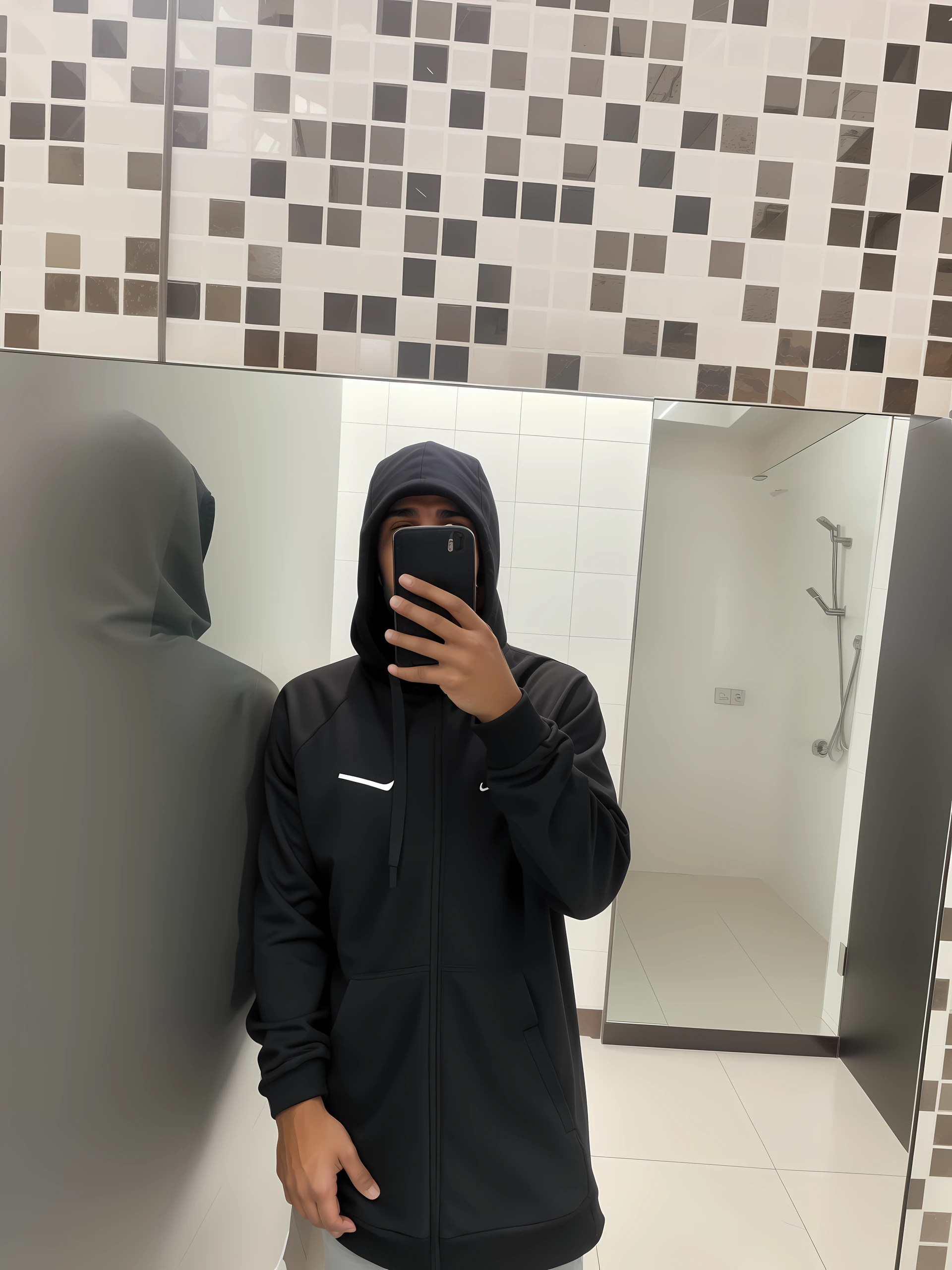 there is a man taking a selfie in a mirror, usando um capuz escuro, wearing a tracksuit, no banheiro, usando um capuz preto, em um moletom preto, imagem de qualidade muito baixa, em um banheiro, usando um capuz, Capuz Preto, foto de perfil 1024px, usando um capuz, usando capuz, capuz cobre os olhos