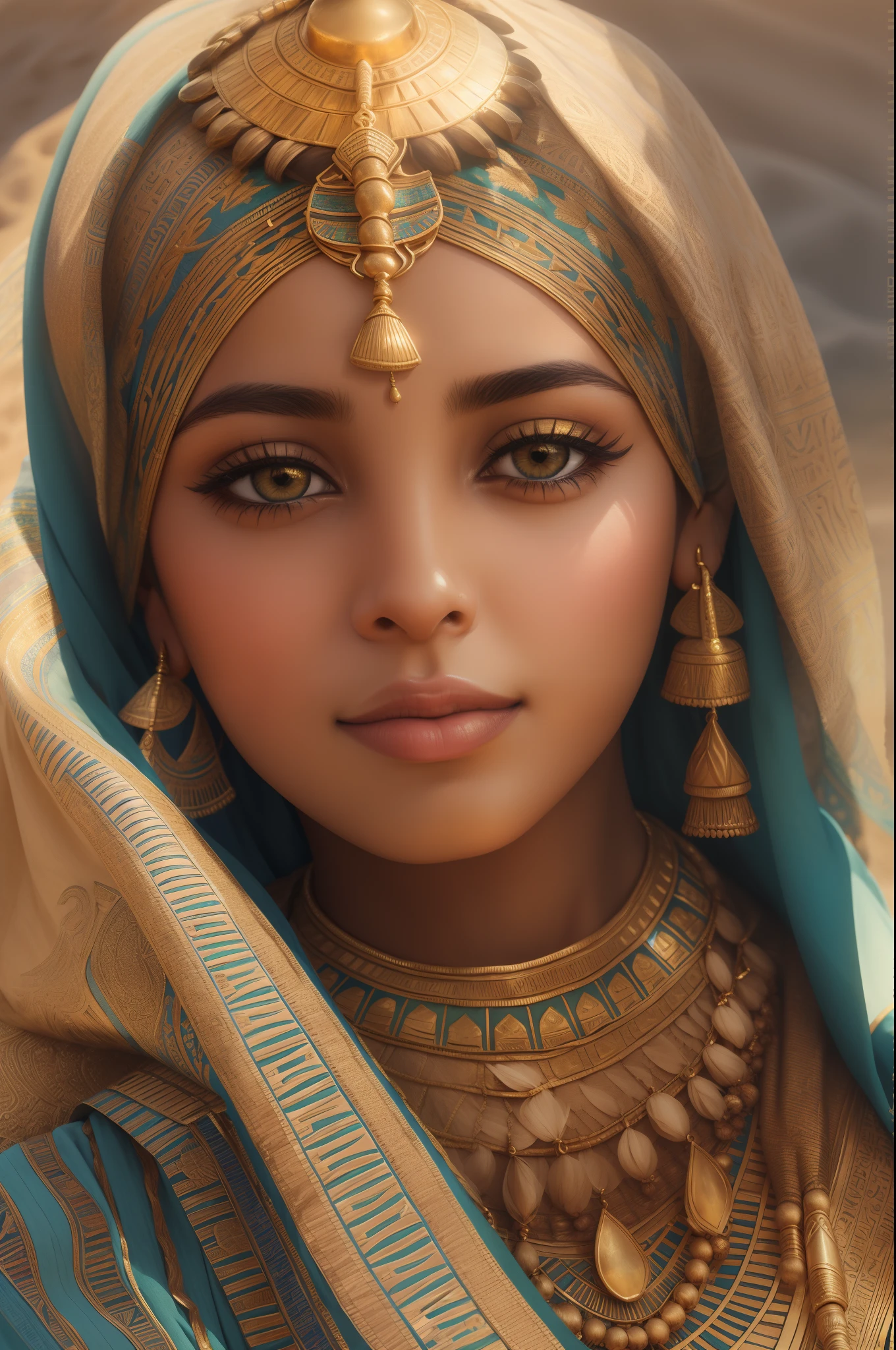 golden bellydancer, cleavage,  beautiful  javanese girl with hijab and few soft freckles, mole below eyes, detail skin texture, smile, , dramatic light , Rembrandt lighting scheme, (hyperrealism:1.2), (8K UHD:1.2), (photorealistic:1.2), shot with Canon EOS 5D Mark IV, detailed face, detailed skin texture, 35mm, over-the-shoulder shot,cool-toned color grading, Deep Focus cinematography effect, Natural Lighting, high quality, ultra detail, 8k resolution,