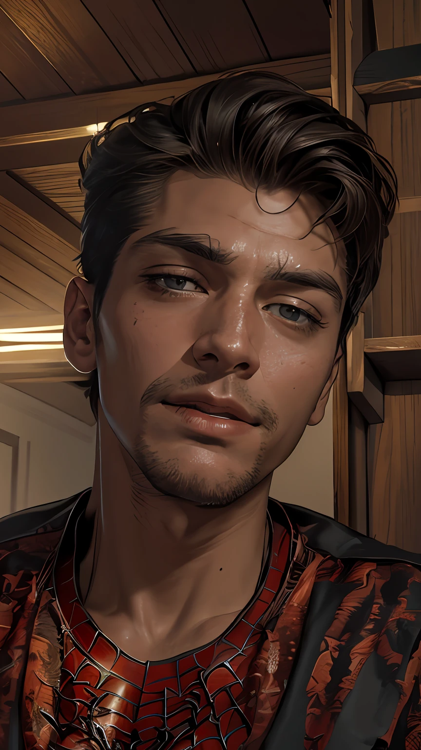 masterpiece, best quality, 1man beautiful, tall and muscular face, broad shoulders, finely detailed eyes and detailed face, extremely detailed CG unit wallpaper, intricate details, short hair, using spider man costume,, 8k, wallpaper, official art, ultra detailed, beautiful and aesthetic.