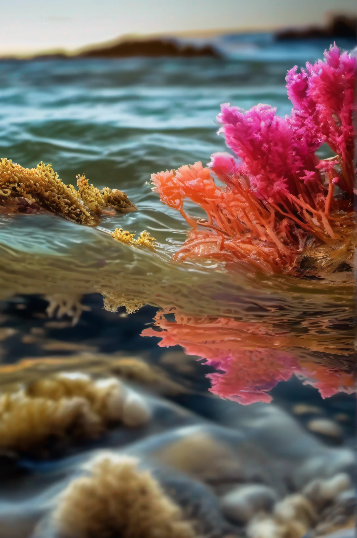 8k, Ultra Resolution, (((foto realista))), (((Cinematographer))), Dynamic colors, colores vivos,fondo del mar, mar profundo, corales, debajo del agua, in the sea, vida marina, algas detalladas, ostras, Lichens, medusas, peces, colores ultra vivos, colores vibrantes, colores vivos, luz fuerte, brillante, tranquilidad, serenidad, calma, movimiento, movimientos delicados de la vida marina