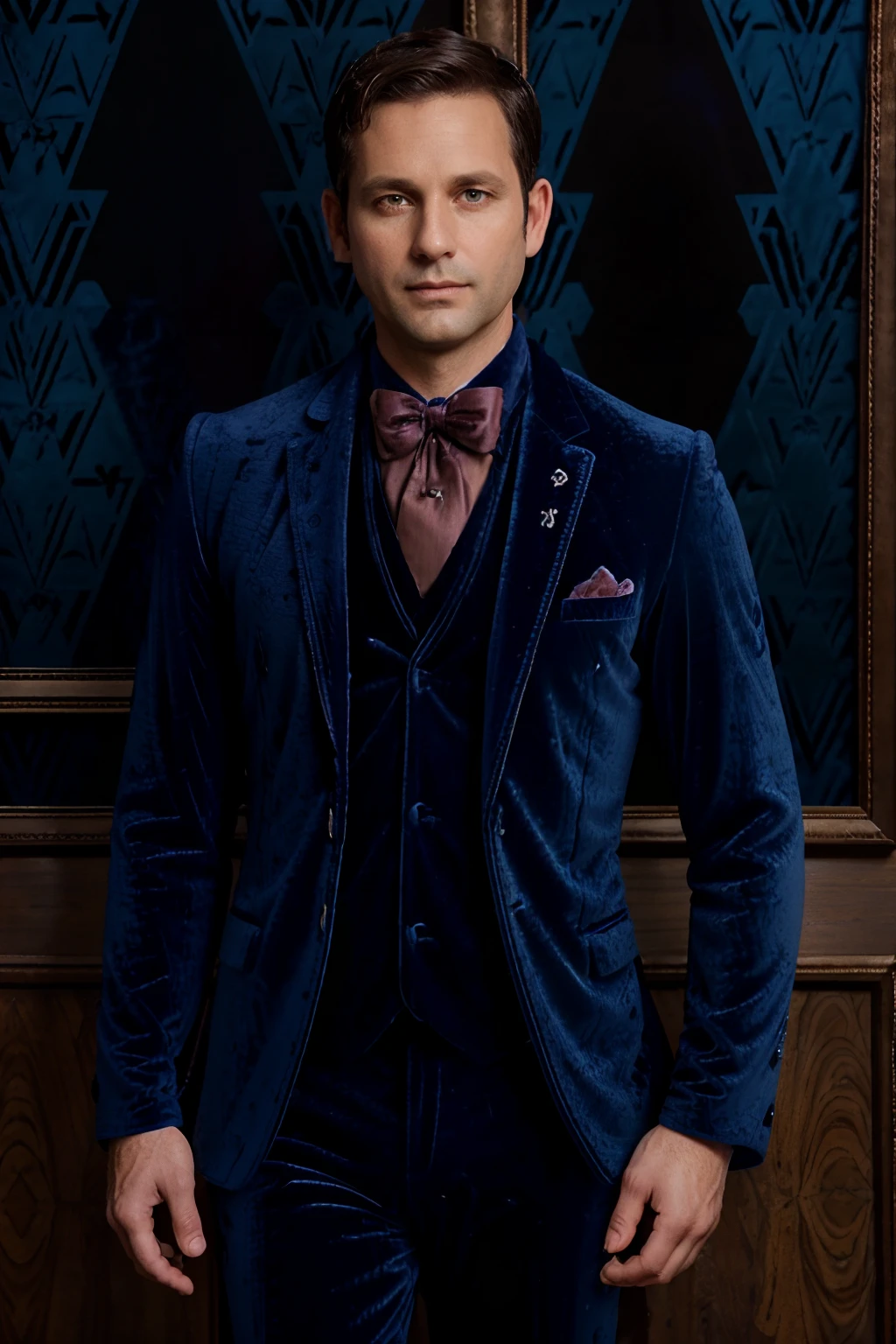 Portrait photo of a handsom man, (((40 years old))), short brown hair, (((bleu velvet suit:1.3))), black shirt, (((no beard:1.3))), Dark blue backgroud.