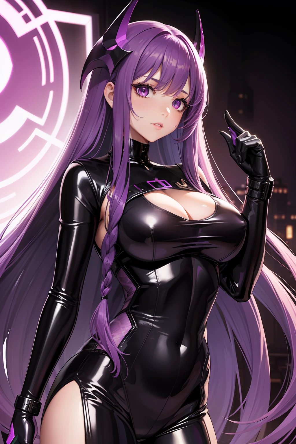 cyperpunk woman, long purple hair, revealing clothes, mechnical arm, demon, long sleeves, black latex bodysuit, mask, big boobs