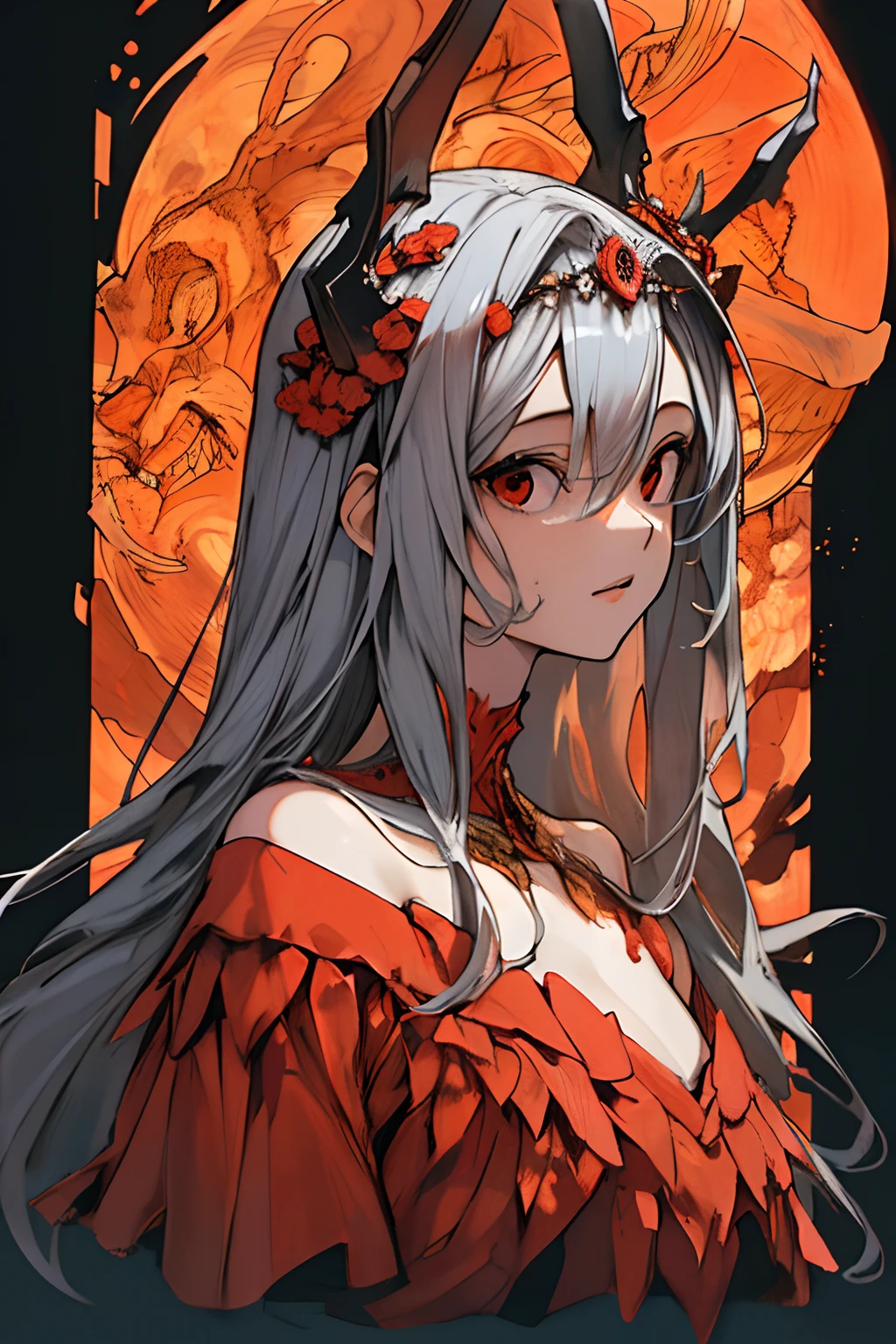 NSFW,obra prima, melhor qualidade, ultra detalhado, Absurdo, Colouring, 1girl, sozinho, (solid red eyes: 1.0), (cabelos brancos, Cabelos compridos, cabelos lisos, cabelo sobre um olho: 1.0), olhos detalhados, Olhos arregalados, Cilia, (parte superior do corpo: 0.8), menina monstro, Vista lateral, olhos brilhantes, bowed head, Noite, Terno preto, orelhas pontiagudas, horror, Escuro, fundo preto, Olhando para o Viewer, Corona, Alto contraste, Uplighting, (Levante-se: 0.8), aura, Fundo fractal, caothic, espiral, demon horns, energia, Mosaico, inferno
