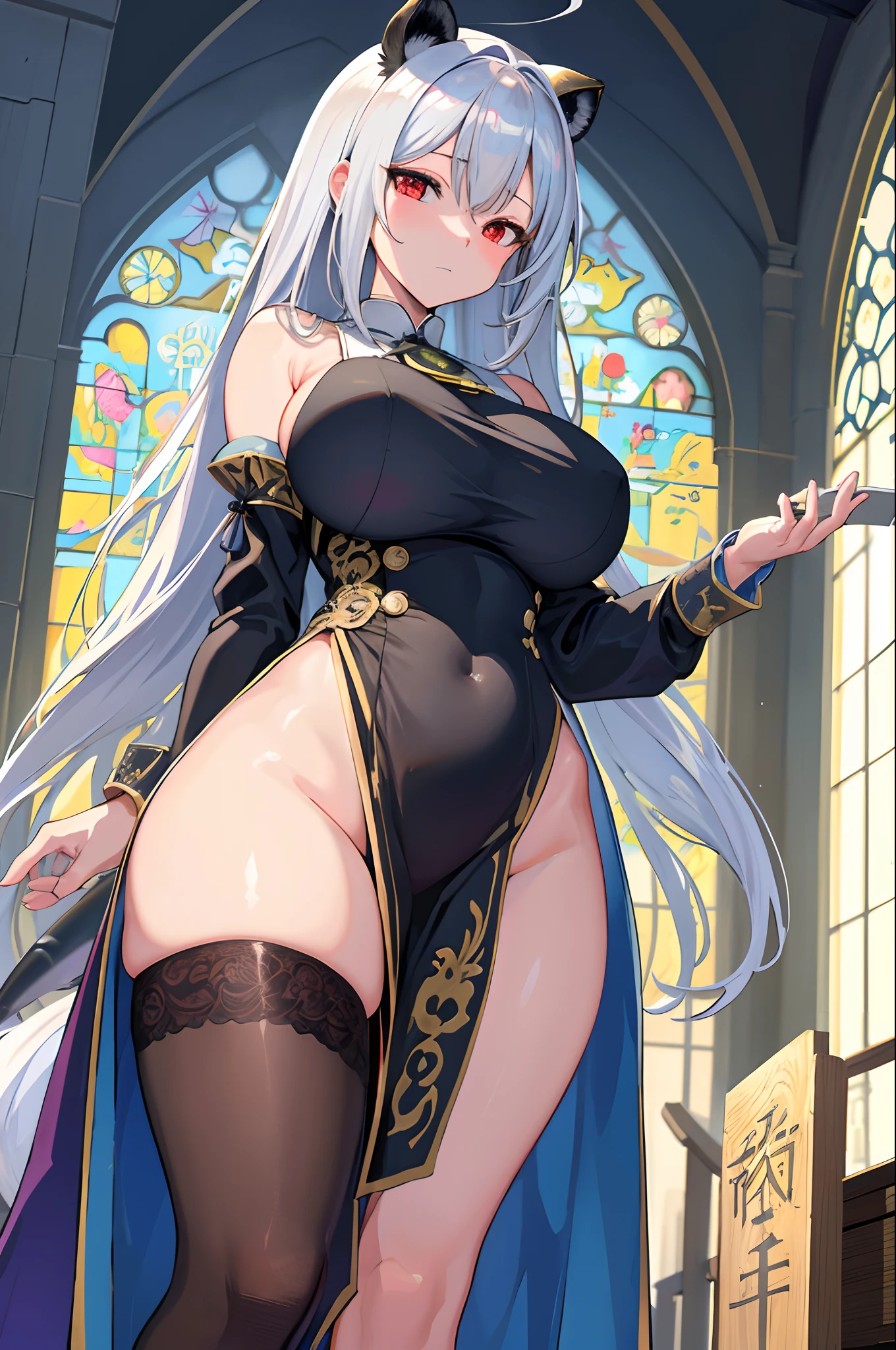 ​masterpiece, top-quality, high_resolution, fine detailed, highly detailed and beautiful, Distinct_image, 1 rapariga, 独奏, frombelow, silber hair, red eyes, Dragon's horn, (huge-breasted), (tits out),Woman in black dress and stockings posing in church, Chic, nun outfit, extremely detailed goddess shot, oppai, giantess art, anime goddess, immaculately detailed, SFW version, goddess of Japan, dressed like a cleric, thicc build, heavy detailed, anime highly detailed, 8k high quality detailed art