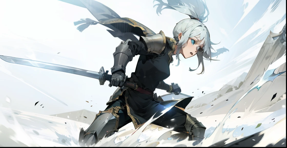 Girl with armor and a sword landing on the ground, Manga effects