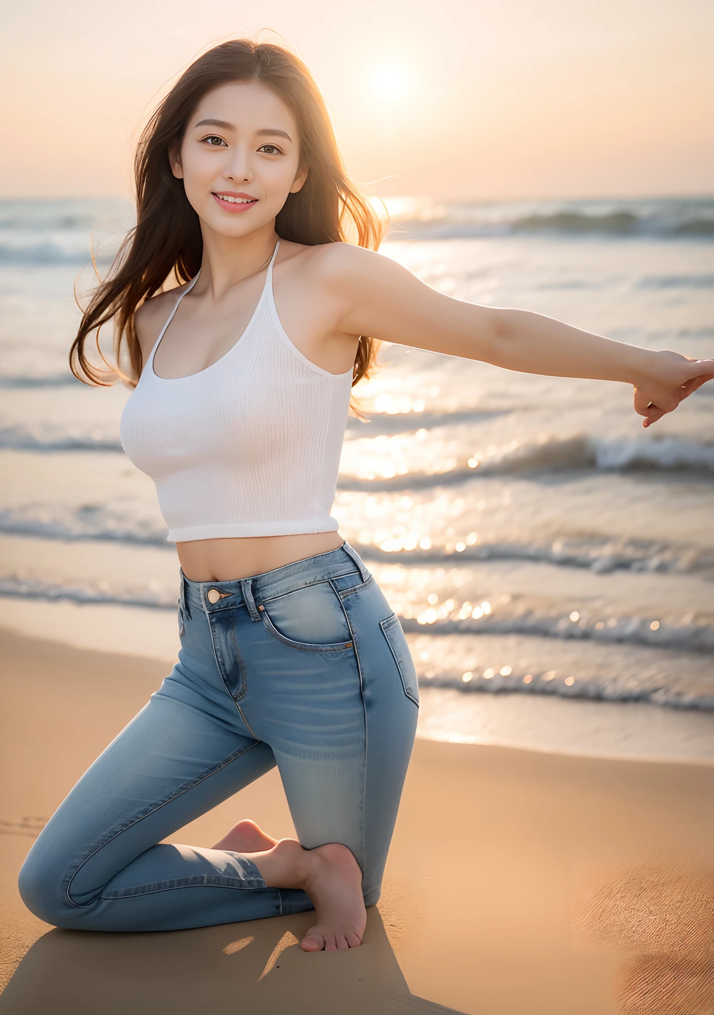 Woman in jeans on the beach，Practice yoga movements（Coquettish and feminine action），Full body shooting:1.8（RAW photogr，超高分辨率，8K,HD,tmasterpiece，best qualtiy），Complicated details， 20 years old Asian woman，Women wearing smoked gray cropped tight sweaters（Cultivation，Fit snugly to the body）and fashion jeans，Realistic and detailed costumes，Detailed beach，A sweet smile appeared on the little face，The face is white and tender，skin lightening，Ultra-realistic facial details，Beautiful accessories，White skin and beautiful appearance，The skin is as fat as jade，The face is delicate and watery，Playful and coquettish pose，The calves are straight and slender:1.5，Barefoot，White and tender toes:1.5，Fold your hands together，Clear armpits，eventide，warm color，Broad lighting，naturalshadow，taking a full body photo:1.8