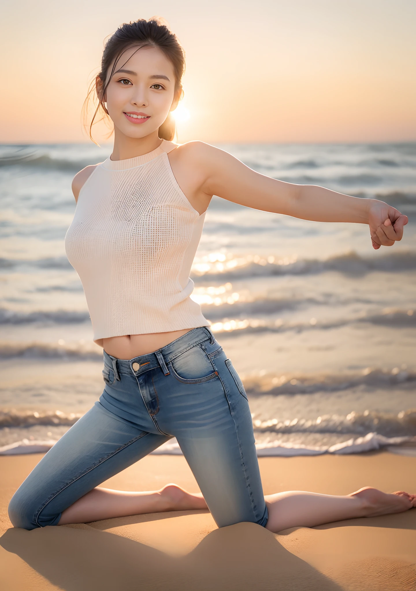 Woman in jeans on the beach，Practice yoga movements（Coquettish and feminine action），Full body shooting:1.8（RAW photogr，超高分辨率，8K,HD,tmasterpiece，best qualtiy），Complicated details， 20 years old Asian woman，Women wearing smoked gray cropped tight sweaters（Cultivation，Fit snugly to the body）and fashion jeans，Realistic and detailed costumes，Detailed beach，A sweet smile appeared on the little face，The face is white and tender，skin lightening，Ultra-realistic facial details，Beautiful accessories，White skin and beautiful appearance，The skin is as fat as jade，The face is delicate and watery，Playful and coquettish pose，The calves are straight and slender:1.5，Barefoot，White and tender toes:1.5，Fold your hands together，Clear armpits，eventide，warm color，Broad lighting，naturalshadow，taking a full body photo:1.8