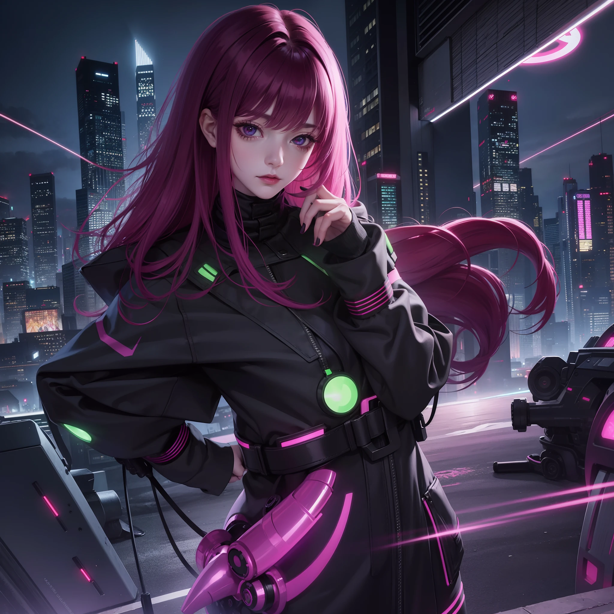 dark magenta wildly hair, Woman, cybernetic body parts, black and green clothes, cyberpunk city, night