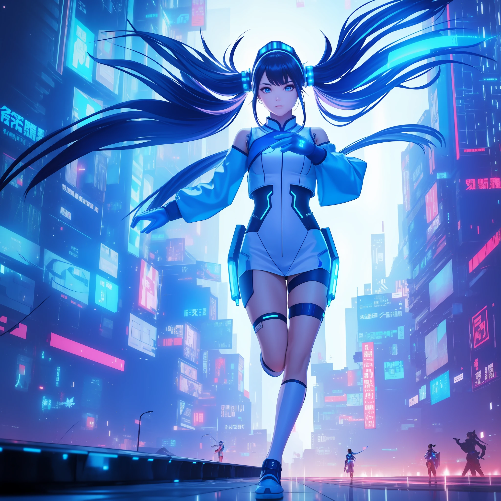 1 girl, solo, cyberhanfu, long sleeves, chinese_clothes, in blue and white, cyberpunk city, dynamic pose, Headdress, hair ornament, long hair, cyberpunk, a high-tech city, full of machinery and futuristic element, futurism, technology