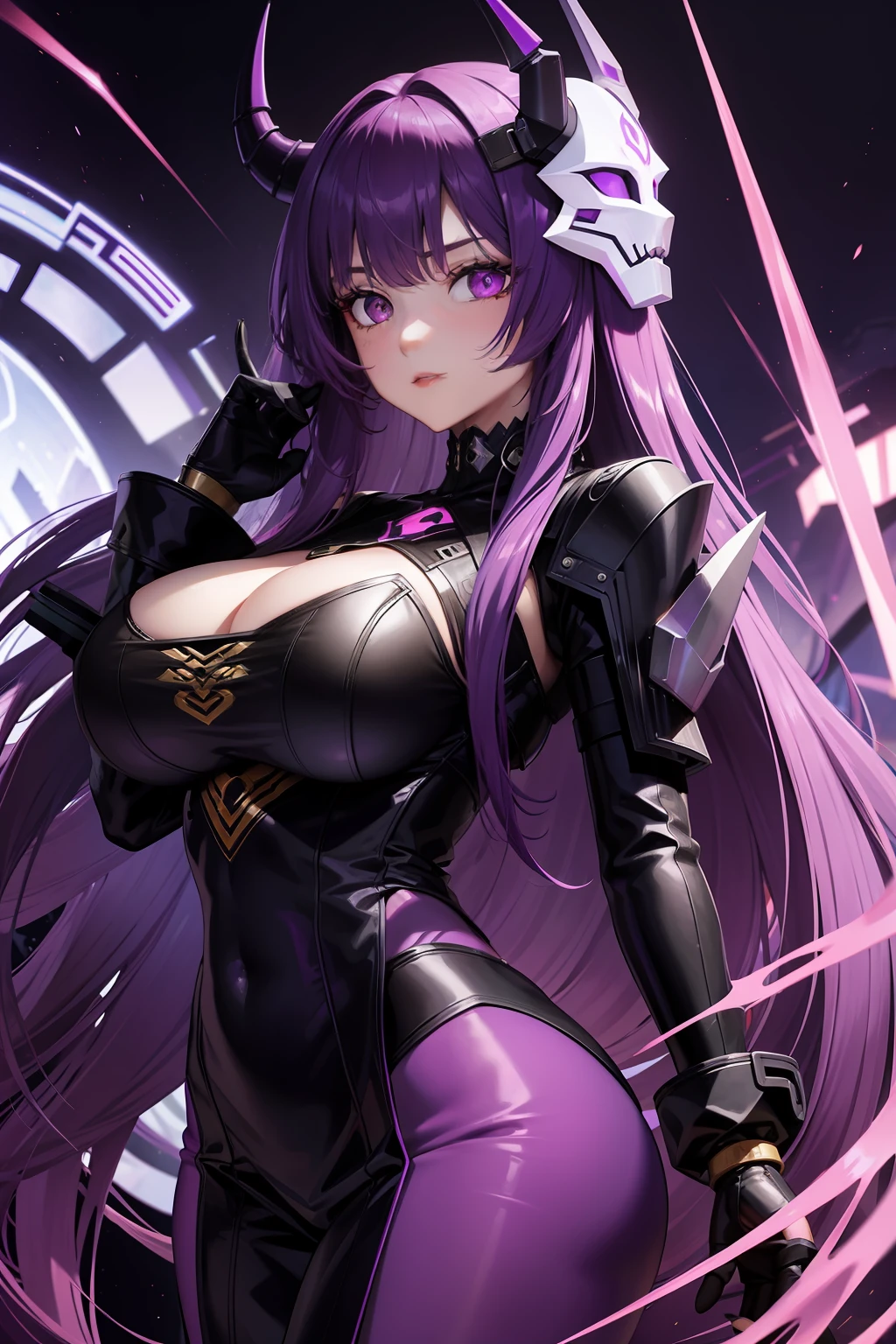 cyperpunk woman, long purple hair, revealing clothes, mechnical arm, demon, long sleeves, mask, big boobs