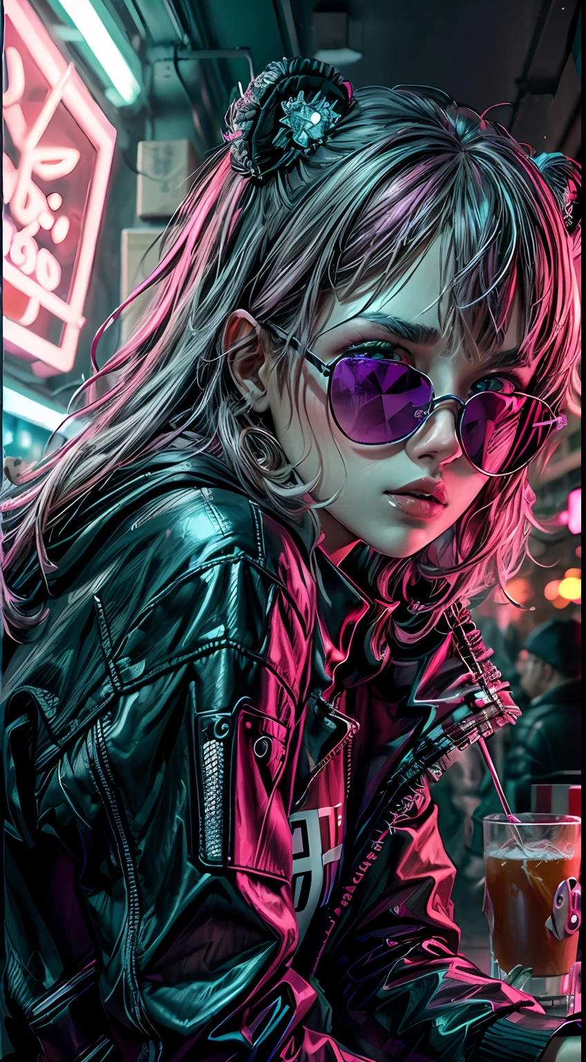 ((best quality)), ((master part)), (Very detailed: 1.3), ..3d, NeonNoir, Loli cyberpunk bonito, (Giant teddy bear: 1), (with sunglasses: 1.2), (pupilas em forma de diamante: 1.2), heart-shaped, usando uma capa de capuz longo, (usando um capuz: 1.2), neon roxo no monitor, Colorful neon signs on the wall, street lighting, (emissor branco: 1.1), Olhos desdenhosos, it's raining outside, sentado em um bar, Fotografias mestras da Sony,