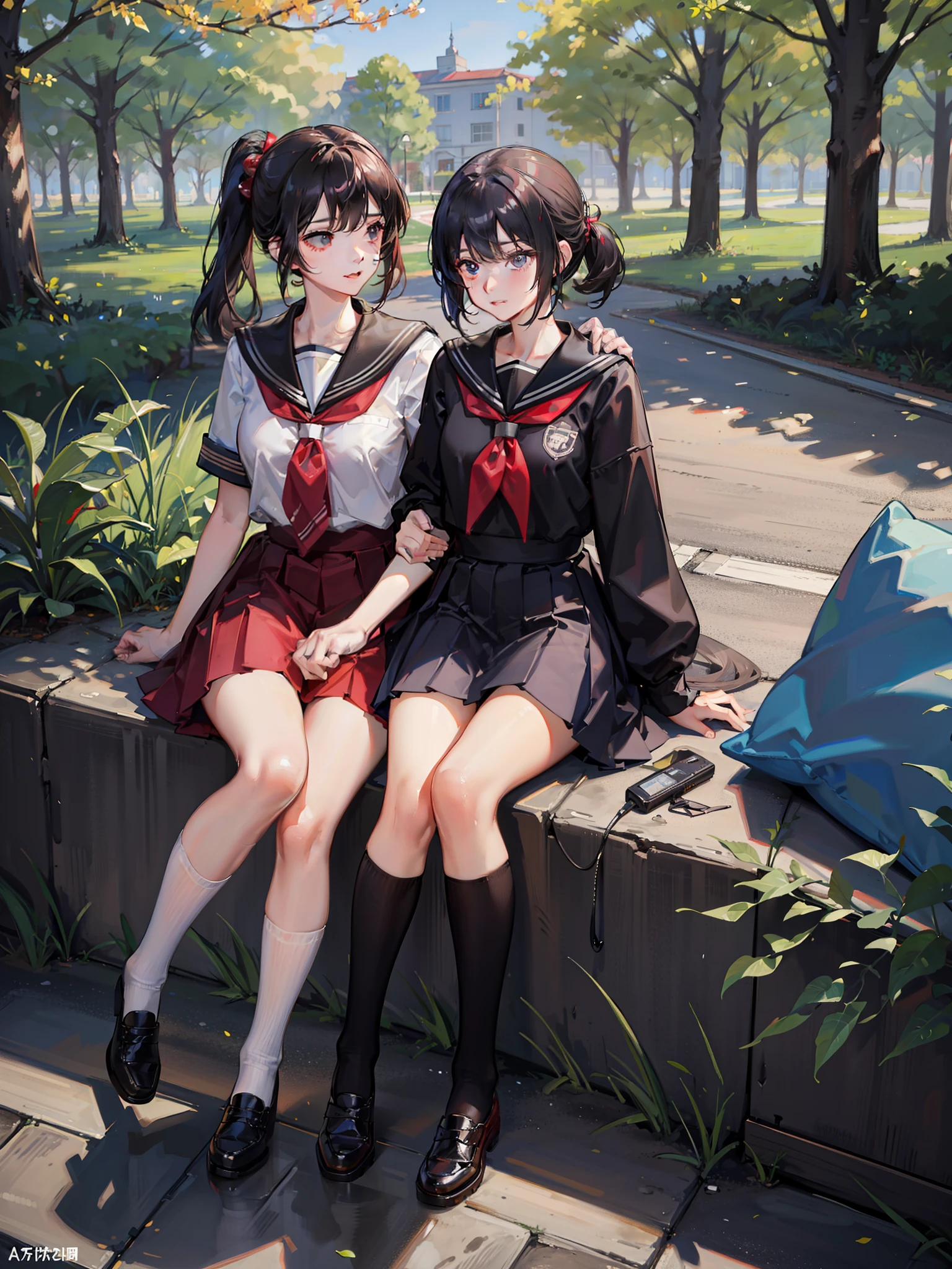 8K,k hd,Anime 1.4,adolable,is shy,Be red in the face,schoolgirls,18yr old,school ground,Black shoulder-length short hair under plane trees,youthfulness,Pure,pony tails,side bang,white short socks,校服