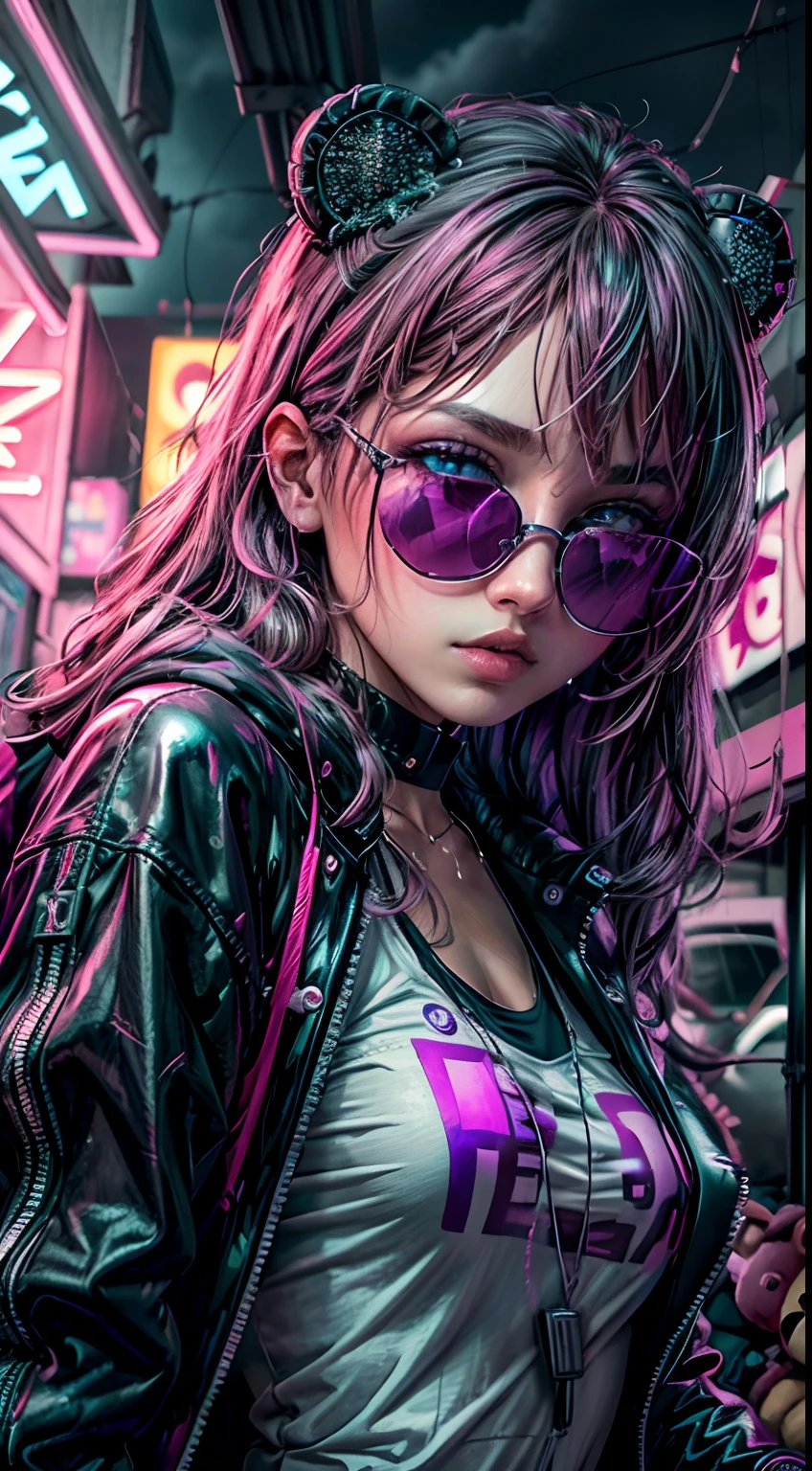 ((best quality)), ((master part)), (Very detailed: 1.3), ..3d, NeonNoir, cyberpunk bonito, (Giant teddy bear: 1), (with sunglasses: 1.2), (pupilas em forma de diamante: 1.2), heart-shaped, usando uma capa de capuz longo, (usando um capuz: 1.2), neon roxo no monitor, Colorful neon signs on the wall, street lighting, (emissor branco: 1.1), Olhos desdenhosos, it's raining outside, sentado em um bar, Fotografias mestras da Sony,