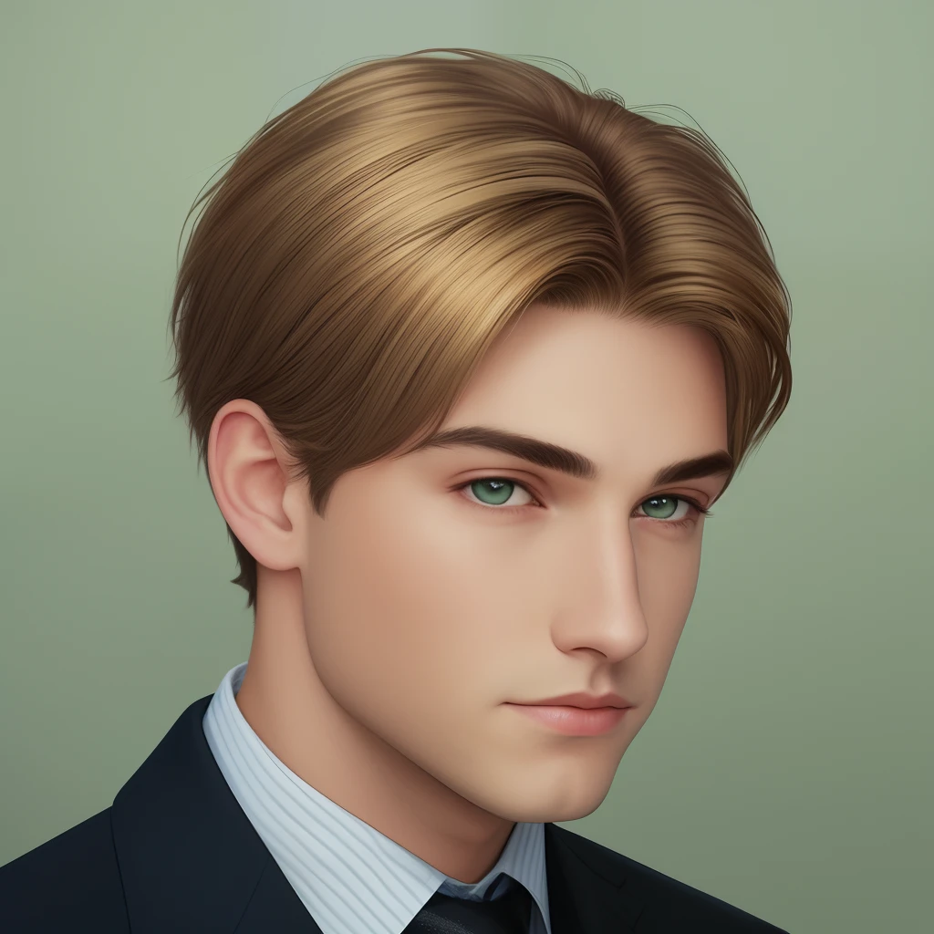 masterpiece, best quality, realistic, 1man, mature male, quiet and charming young man, 18 years old, with short-side-swept sandy blonde hair, dark green eyes, and a smirk, closed mouth, portrait, extremely detailed face, a little distant, ((dark green eyes)), suit, (blonde hair), (short hair), [thick eyebrows], school