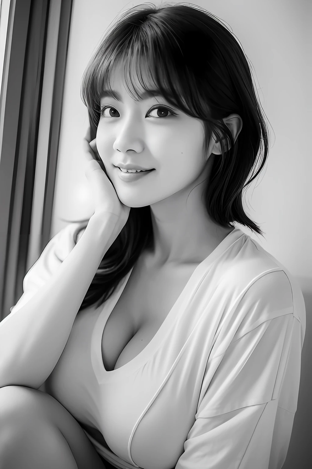 Photo of a Beautiful Korean kpop idol Woman, Summer, lecherous, filmgrain, Ilford HP5, 80mm((Best Picture Quality, 8k, tmasterpiece:1.3)), 1girl, Beautiful woman with slender abs:1.3, (Casual hairstyle, No leakage of big breasts:1.2), shift dresses:1.1, Ultra-fine face, A detailed eye, 二重まぶた,ssmile,Home