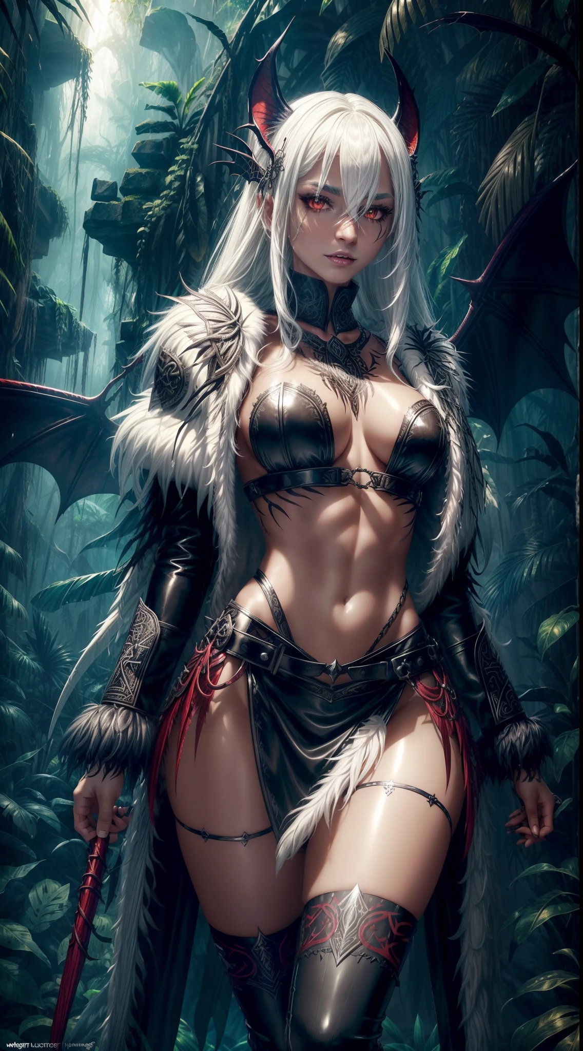 realistic photo of slaved_(savage, tribal, jungle)_vampire with (white hair), bat fur, coat|wings, ((fangs)), colorful extremely_detailed_(tribal, jungle)_tight_(lacy, leather, fur, silk, satin, latex)_(clothing, skirt), high collar, detailed face, detailed beautiful shiny red eyes, slit pupils, metallic reflections, ((tatooed, marked)_with_shining_runes)_fit_muscular_body, shiny skin, tropical city ruins fog, 1girl, natural breasts, medium length white hair, masterpiece, best quality, beautiful and aesthetic:1.2, fractal art:1.4