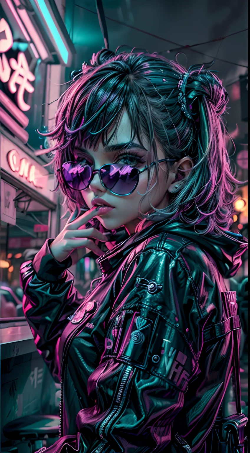 ((best quality)), ((master part)), (Very detailed: 1.3), ..3d, NeonNoir, Loli cyberpunk bonito, (Giant teddy bear: 1), (with sunglasses: 1.2), (pupilas em forma de diamante: 1.2), heart-shaped, usando uma capa de capuz longo, (usando um capuz: 1.2), neon roxo no monitor, Colorful neon signs on the wall, street lighting, (emissor branco: 1.1), Olhos desdenhosos, it's raining outside, sentado em um bar, Fotografias mestras da Sony,