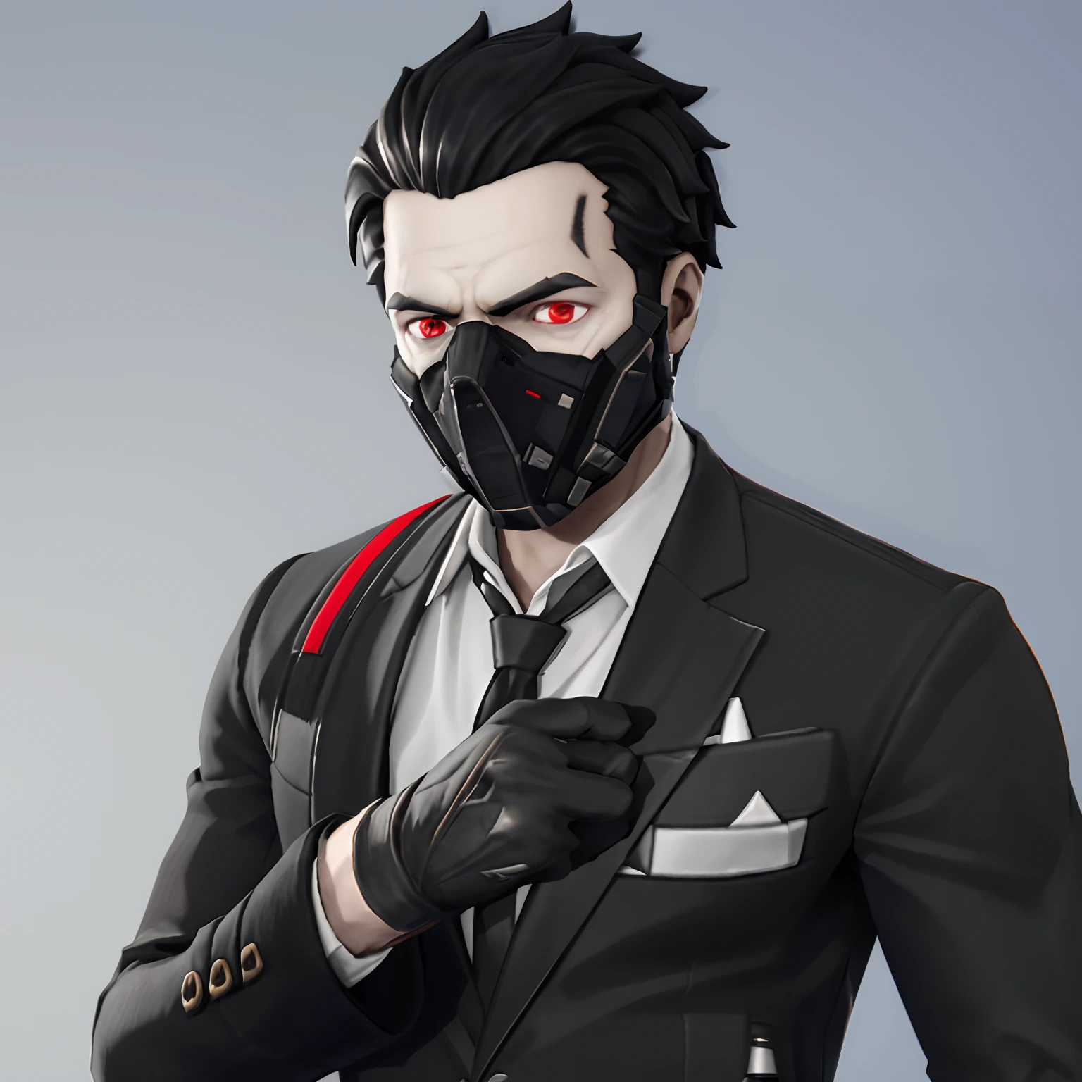 Male characters , have a black mask in his mouth ( black ClothMask ) , black jacket and white shirt, black pushed back hair , red eyes , looking forward , HD , Open black jacket over a white shirt