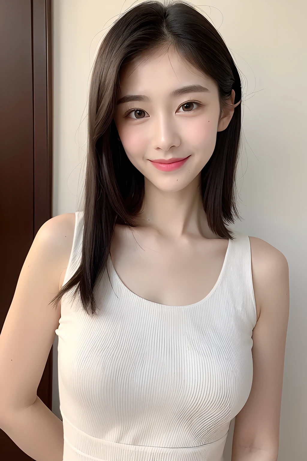 masterpiece、beste-Qualit、realisitic、(A hyper-realistic), (illustratio), (hight resolution), (8K), (extremely highly detailed), (The best illustrations), (beautiful detailed eyes), (beste-Qualit), (ultra-detailliert), (masterpiece), (wall-paper), (details face), a bed、Upper body close-up,Armpit, A smile,Plump,独奏,(Girl in silk white tank top with wide open chest), full of sweat, japanes, large full breasts, (camel's toe)、gigantic-breast、Luxury living room、Detailed, well-groomed white teeth、Ultimate Beauty、shot on the Canon EOS R 6、full of sweat、She's wet、Navel out、