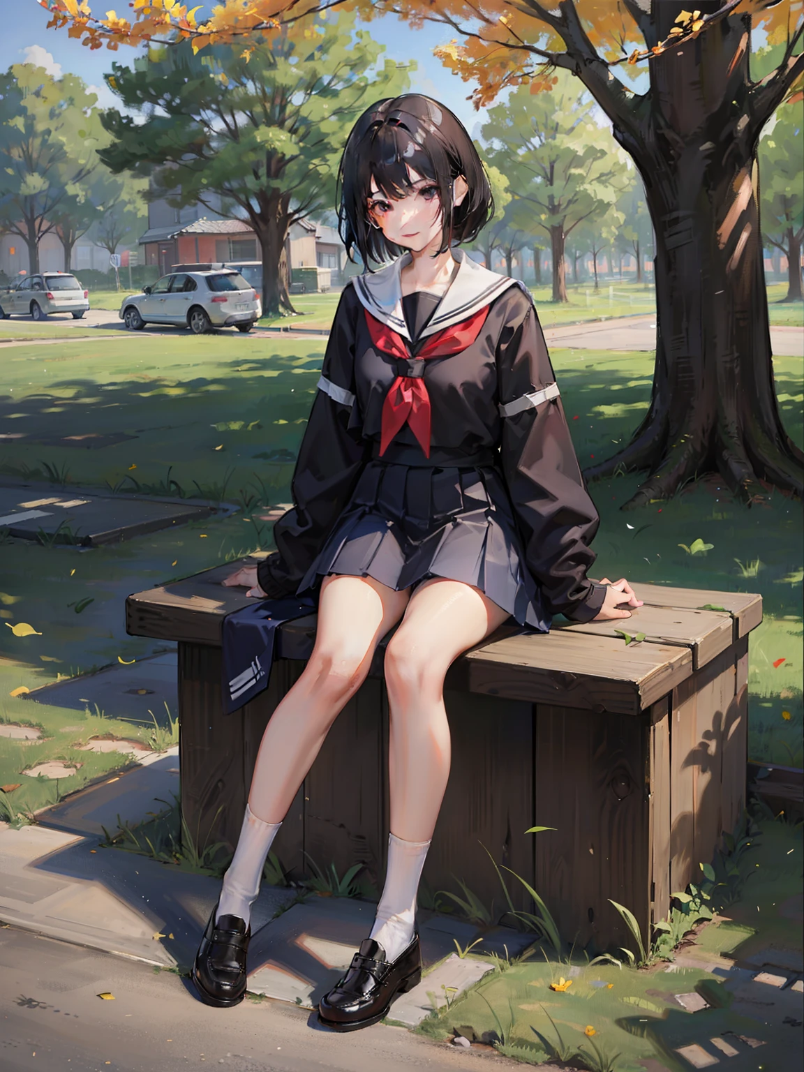 1 Japanese girl, glasses, blush, full body, sitting, angle from the side, (slim body:1.2), (huge breasts:1.1), (slender legs:1.1), short hair, black hair, school uniform, white long sleeve shirt, pleated skirt, (black tights:1.1),