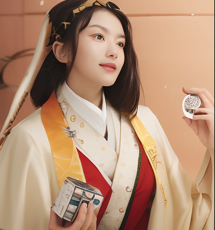 Smiling woman holding coin and small box
