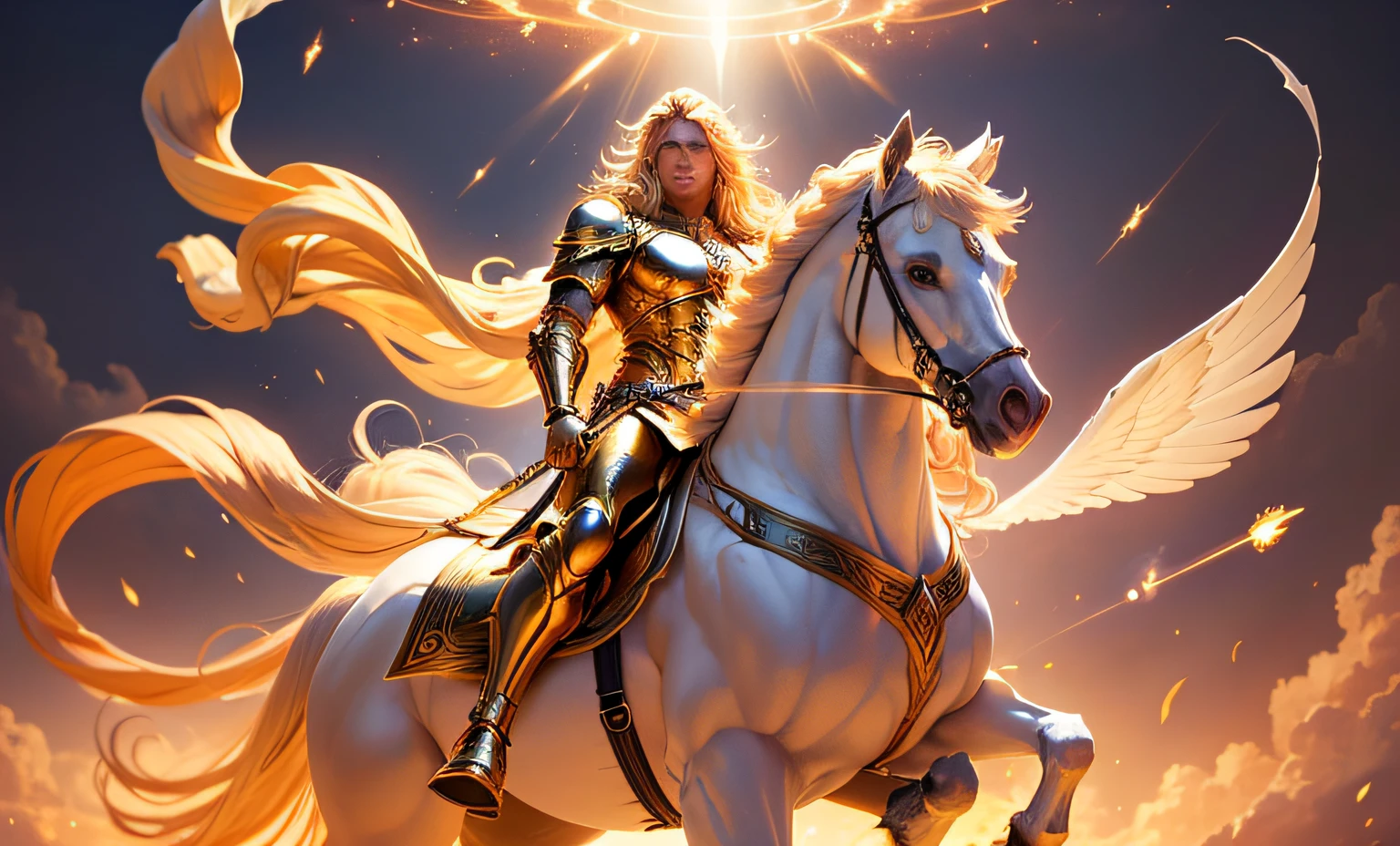 A God of light, justice and wisdom, who wears golden armor, with a blonde mane that flutters in the air, has an ethereal aura and his figure transmits peace and power