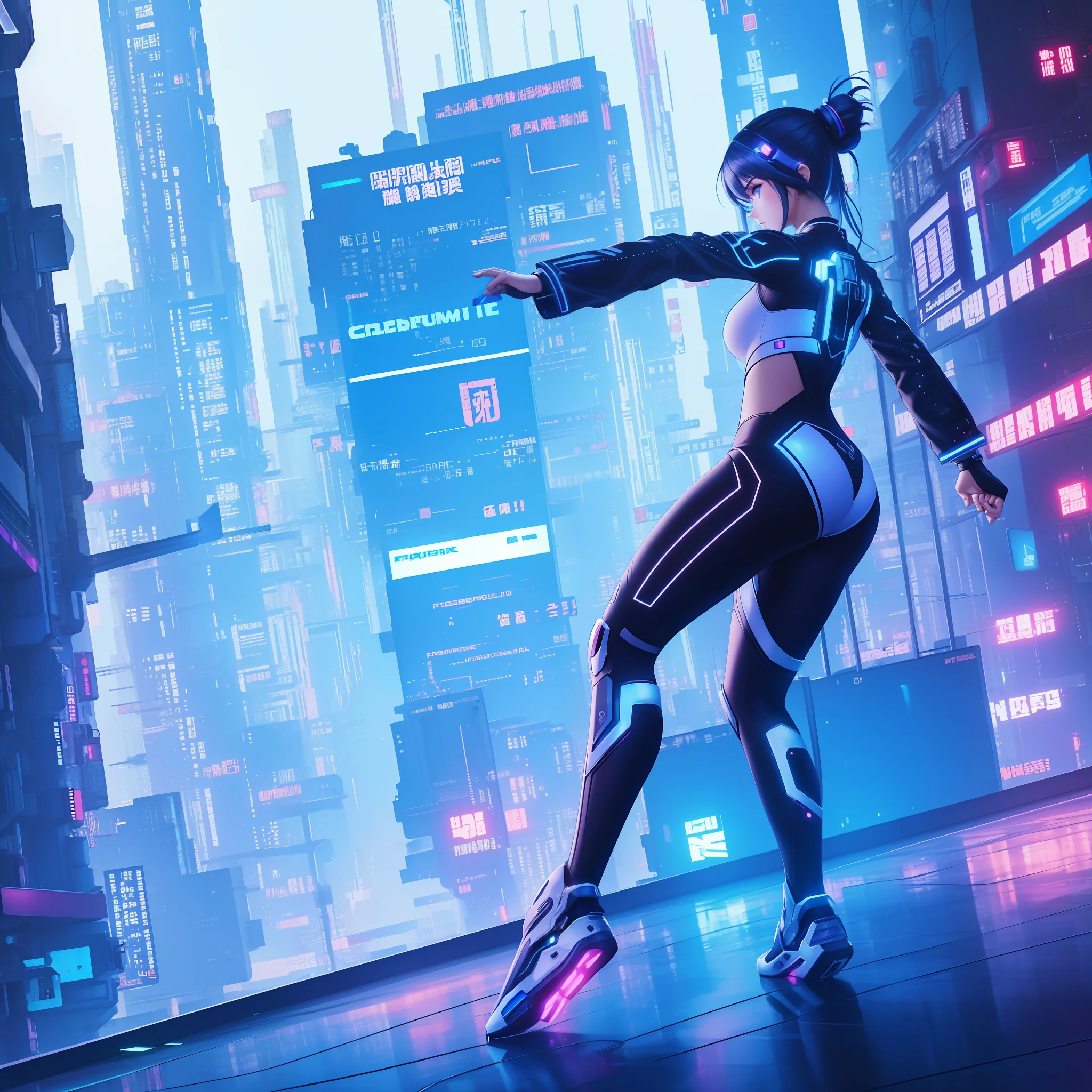 1 girl, solo, cyberhanfu, long sleeves, chinese_clothes, in blue and white, cyberpunk city, dynamic pose, Headdress, hair ornament, long hair, cyberpunk, a high-tech city, full of machinery and futuristic element, futurism, technology