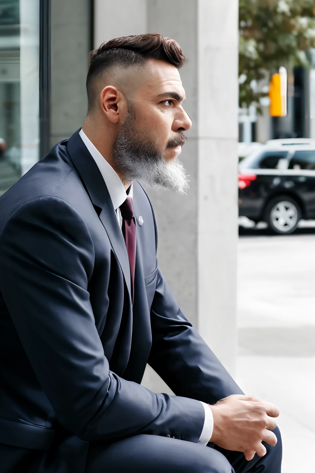 (RAW photo:1.2), a man wearing a business suit sitting outside, beard, tired, candid shot, best quality, 8k, uhd, photorealistic