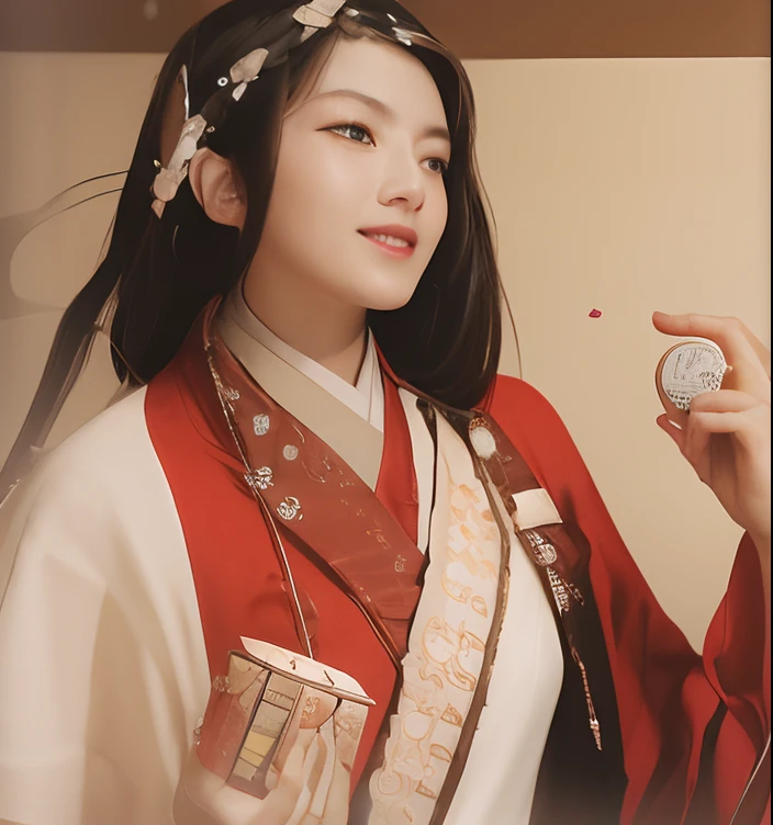 Smiling woman holding coin and small box