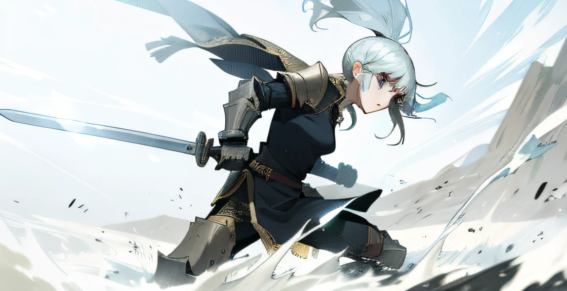 Girl with armor and a sword landing on the ground, Manga effects