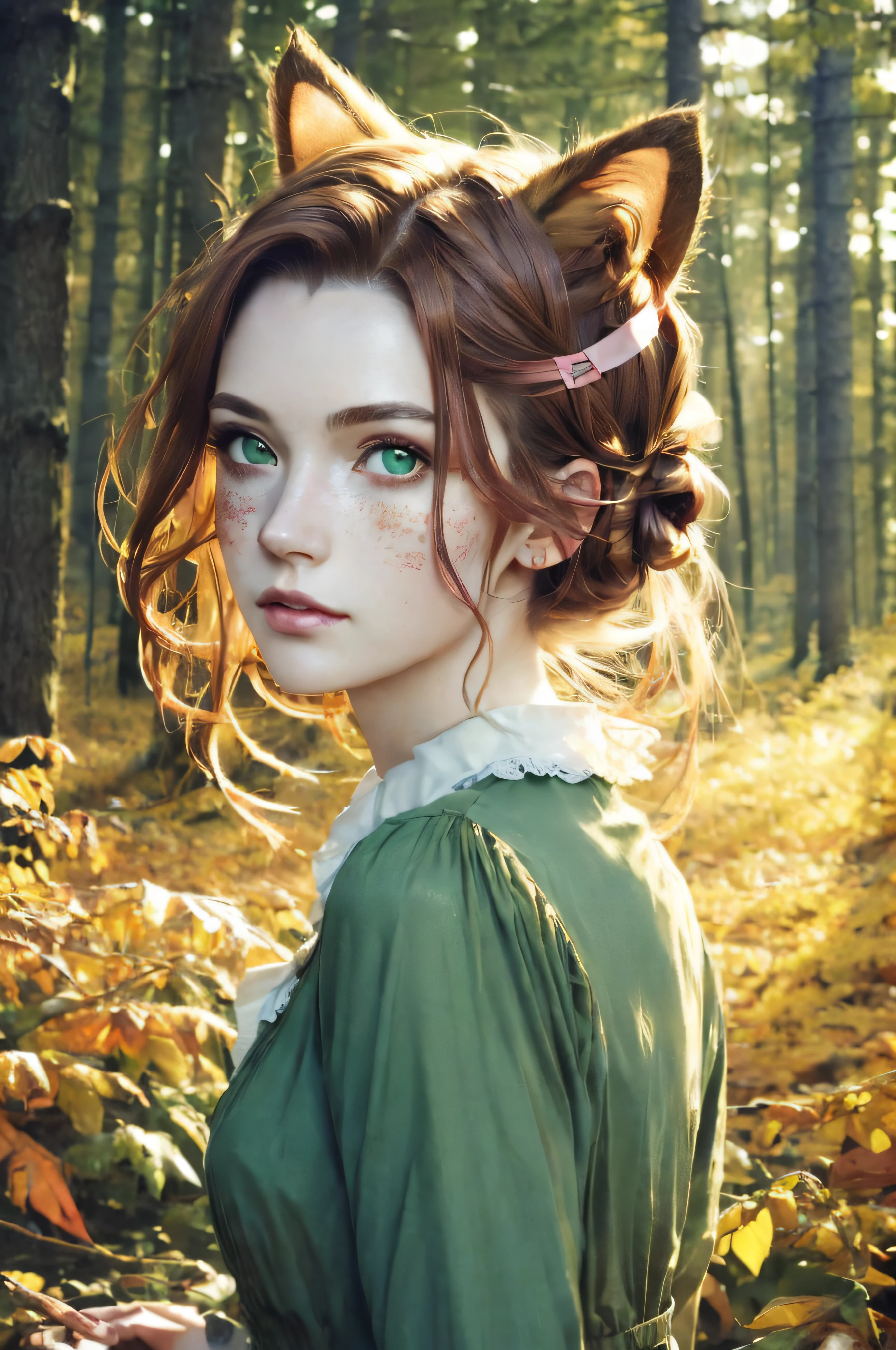 (8k, best quality, masterpiece:1.2),(best quality:1.0), (ultra highres:1.0), watercolor, a 1 beautiful woman with cat-ears and cat-tail, hair ribbons, by agnes cecile, full body portrait, extremely luminous bright design, pastel colors, (ink:1.3), autumn lights, (Serious:0.5), (Highly detailed face:1.4), Nikon D850, film stock photograph ,4 Kodak Portra 400 ,camera f1.6 lens ,saturated colors, forest, short light-brown bun hair, green cat-eyes, Vintage dress