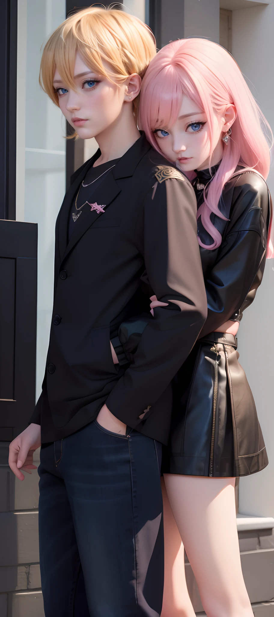 ​masterpiece, top-quality, 2Others, Male and female couples, 1 man and 1,, Adults, Height difference, different fashion, different color, finely eye and detailed face, intricate detailes, Casual clothing, Oversized shirt, Modern urban streets, Hands on back, A smile, Happiness, tenderness, high-level image quality、 Beautiful men and women、tall、hug from behind、Trying to kiss、Kissing each other, window、nightfall、nighttime scene、𝓡𝓸𝓶𝓪𝓷𝓽𝓲𝓬、Korean Male, Idol Photos, k pop, Professional Photos, Vampires, Korean fashion in black and white, Fedoman with necklace, inspired by Sim Sa-jeong, androgynous vampire, :9 detailed face: 8, extra detailed face, detailed punk hair, ((asa)) baggy eyes, Seductive. Highly detailed, semi realistic anime, Vampires, hyperrealistic teen, delicate androgynous prince, imvu, short hair above the ears, Man with short hair, Woman with long hair, With a man with a glaring expression, Woman with a gentle expression, ((With a man with blonde short hair and light blue eyes)), ((Woman with pretty long pink hair and light blue eyes))