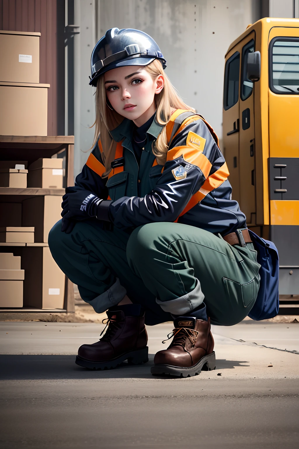 masterpiece, best quality, ultra-detailed, illustration, 1girl, solo, shiny, reflective, latex, work suit, voluptuous body, squatting, detailed, work shoes, workshop, industrial boots, black, red, silver, metallic, gloves, goggles, protective equipment, storage, hardhat, safety vest, safety culture, industrial fashion,